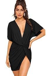 Women's Deep V Neck Twisted Plunging High Slit Mini Party Dress
