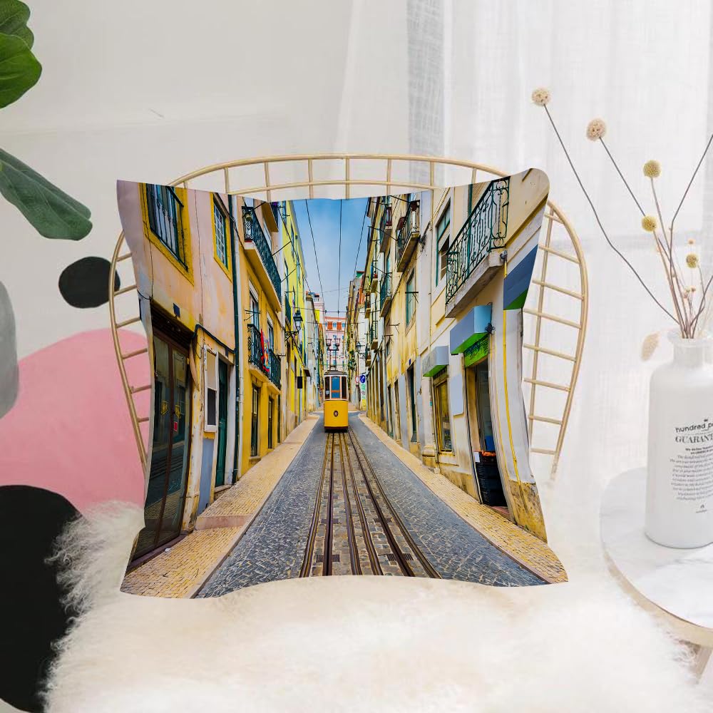 HYOSXW Cushion Cover,Throw Pillow Case Home Decorative for Living Room Bedroom Sofa Chair 16X16 Inch,Lisbon Portugal old town streets and tram.,Pillowcase 40X40cm