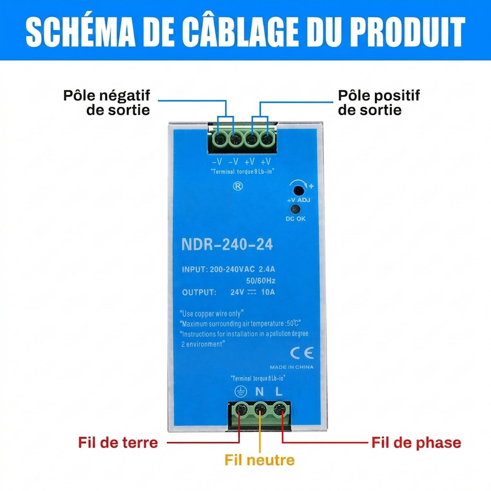 DIN Power 240W Rail switching power 24V Bloc d'alimentation pour Entrée AC 100-220V 2.4A, Sortie DC 24V 10A Plusieurs fonctions de protection Modèle industriel NDR-240W-24V.