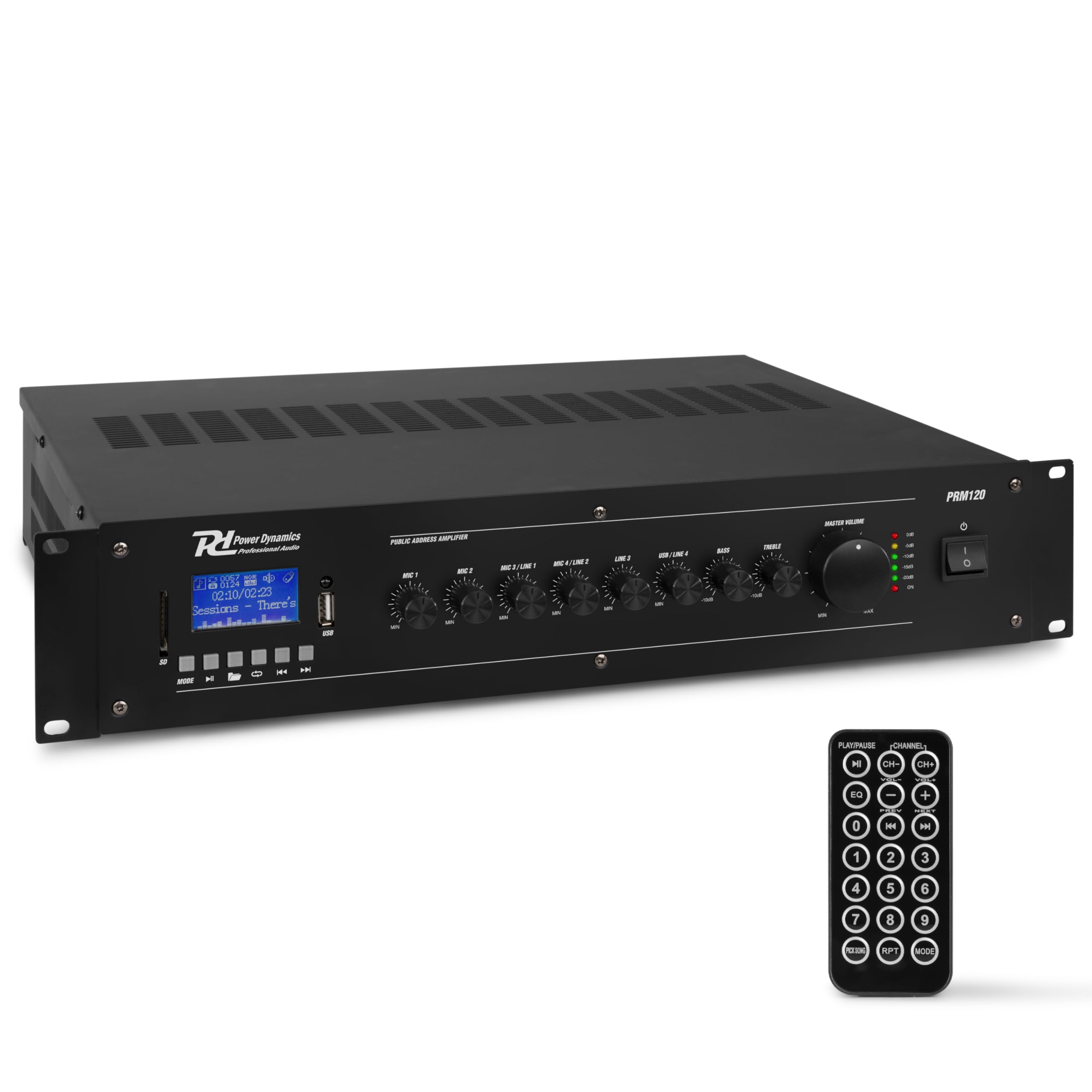 Power Dynamics BSX30B + PRM120 + RX22 – Sistema Sonido 100V con 16 Altavoces 2.5" 30W, Amplificador 120W, Bluetooth, MP3 y Cable 100m para megafonía e Hilo Musical Profesional, Color Negro