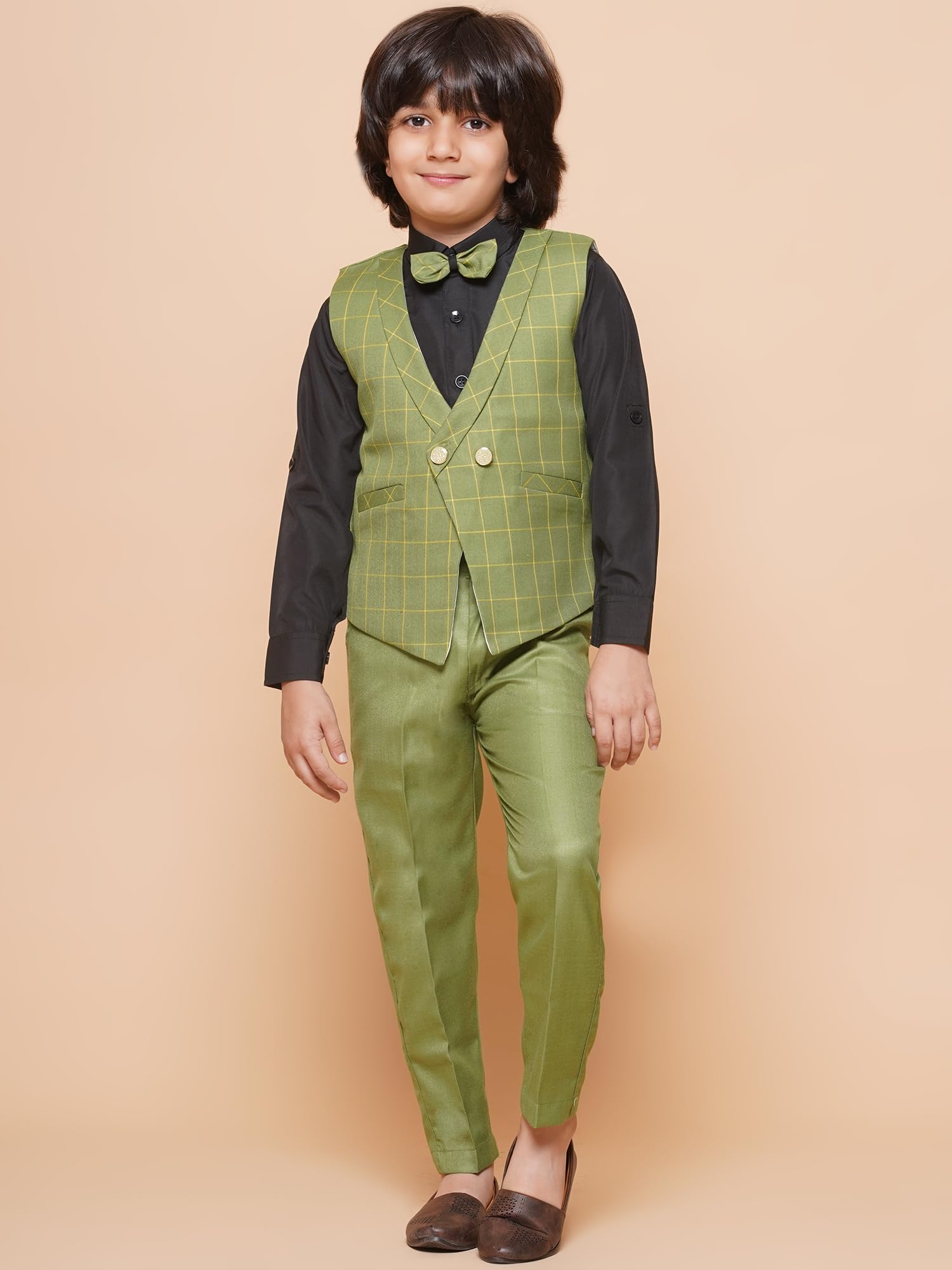 AJ DEZINES Kids Cotton Blend Green Checkered Clothing Suit Set for Boys with Waist Coat (757-GREEN-5) - Image 2 thumbnail