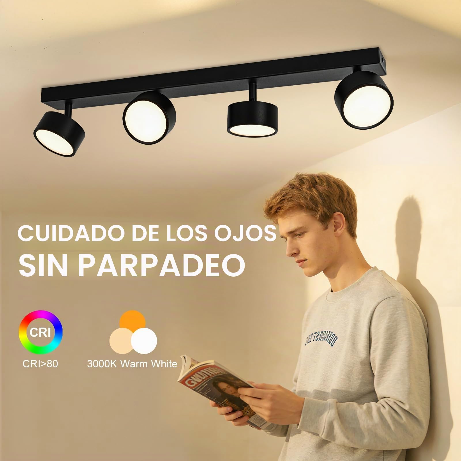 Plafones LED Lámpara de Techo 4 Focos Orientable, Plafones de Techo Negro LED Foco de techo 28W Blanco Cálido 3000K Plafón Pared Interior Moderno Para Cocina Pasillos Salón Dormitorios