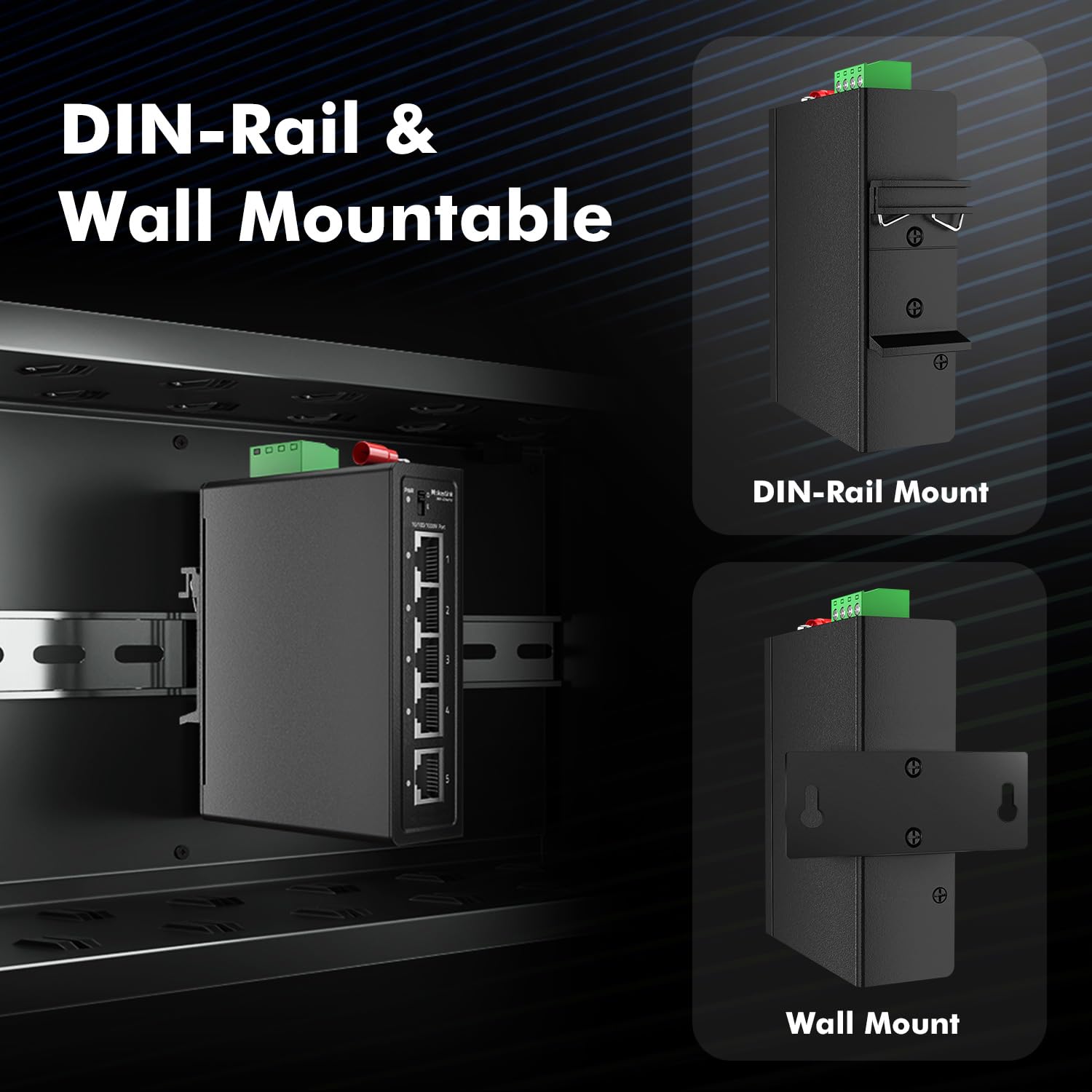 MokerLink 5-portowy Industrial Din Rail Gigabit Switch, 4 x porty 100/1000 Mbps, 1 Gigabit Uplink, mini rozmiar, metalowa szyna DIN i przełącznik Ethernet do montażu na ścianie