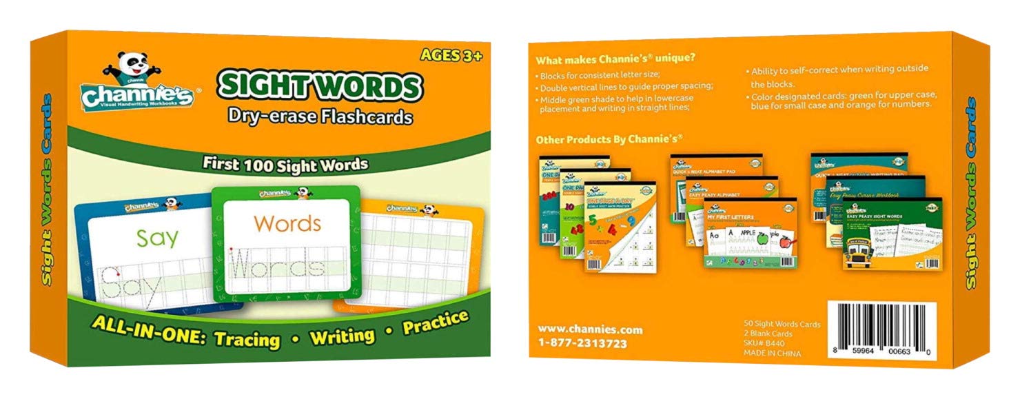 Channie’s Visual Dry Erase Flashcards for Pre-K Through First Grade Students’ to Learn to Trace, Practice &Write Their First 100 Sight Words, Ages 3+, 5.5” x 4.25