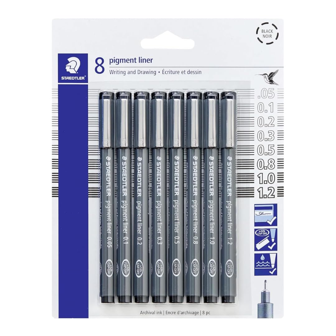 STAEDTLER Pigment Liner Fineliner Stifte, Schwarz, 5 Stück (insgesamt 40 Stück) | 8 verschiedene Spitzengrößen pro Set (0,05 mm – 1,2 mm), wasserfest, Zeichen- und Schreibstifte