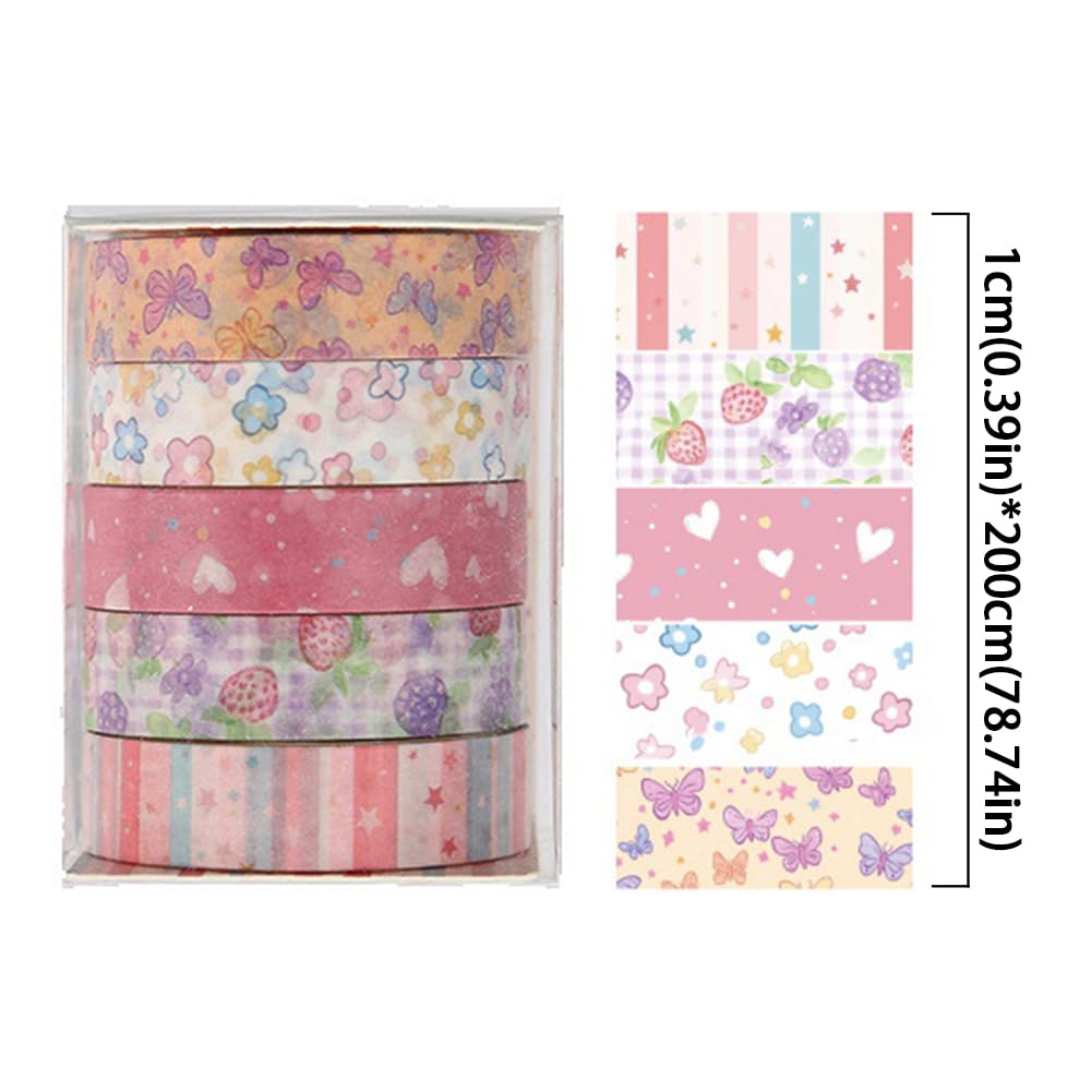 Cute Washi Tape Set 10mm Kawaii Strawberry Butterfly Star Heart Flower Washi Tapes Scrapbook Junk Journal Decorative Tape Aesthetic Washintape for Journaling Supplies Planner DIY Crafts Gift Wrapping image 2