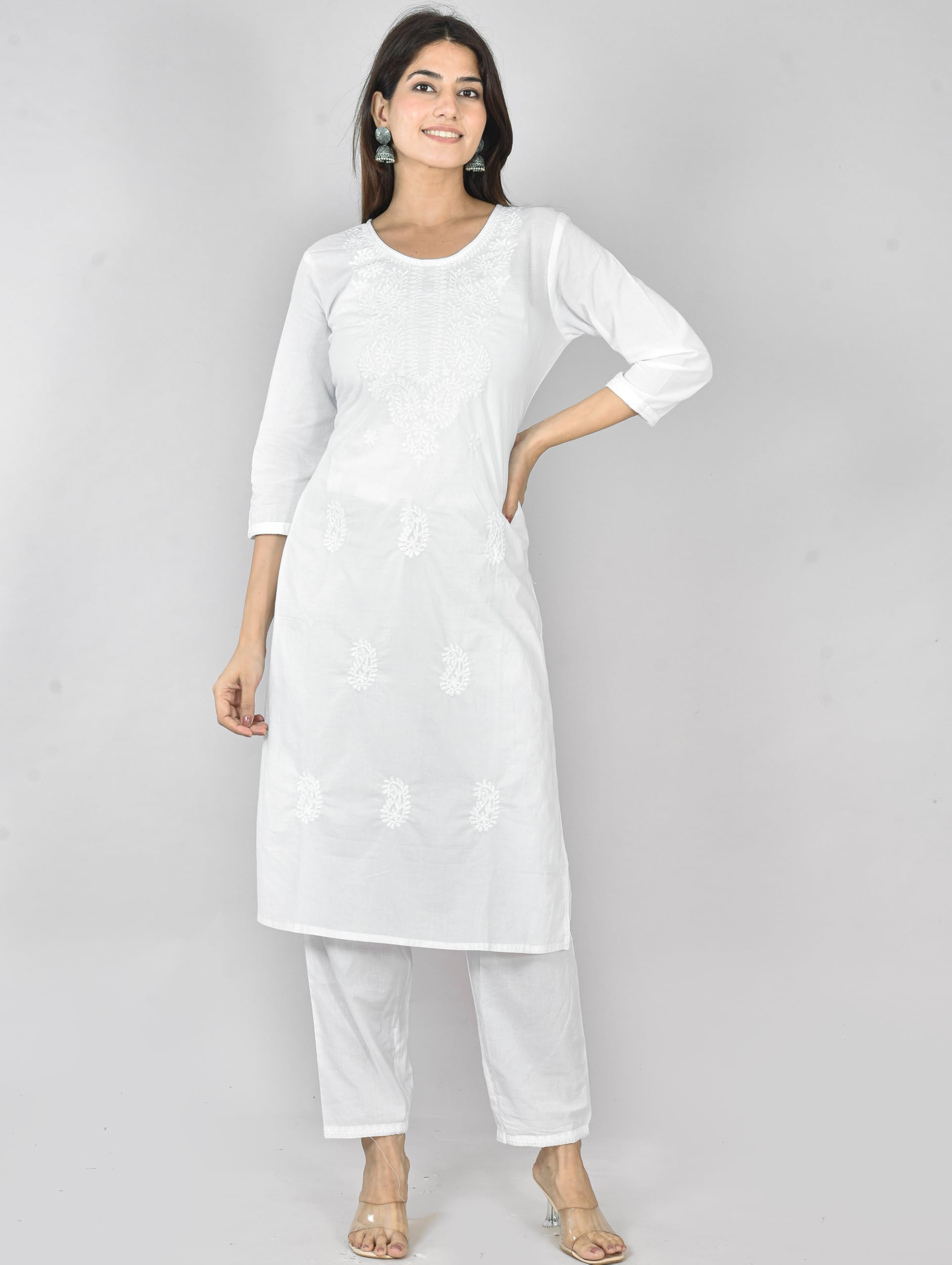 Vrnda Ensemble Kurta Pantalon Chikankari Blanc et Noir pour Femme – Costume Indien Fait Main, Salwar Kameez Bicolore