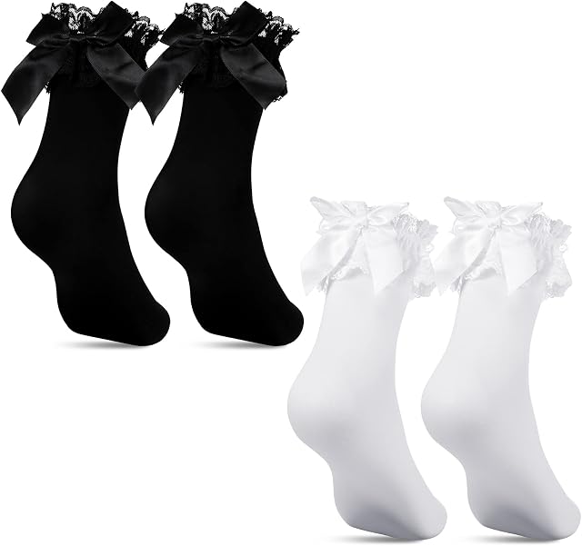 Geyoga Ruffle Ankle Socks 2 Pairs Sweet Frilly Socks Velvet Nylon Ballet Socks for Girls Black White Socks with Bows Lace Top Socks Princess Style Dress Sock for Women Ladies Girl Party Supplies