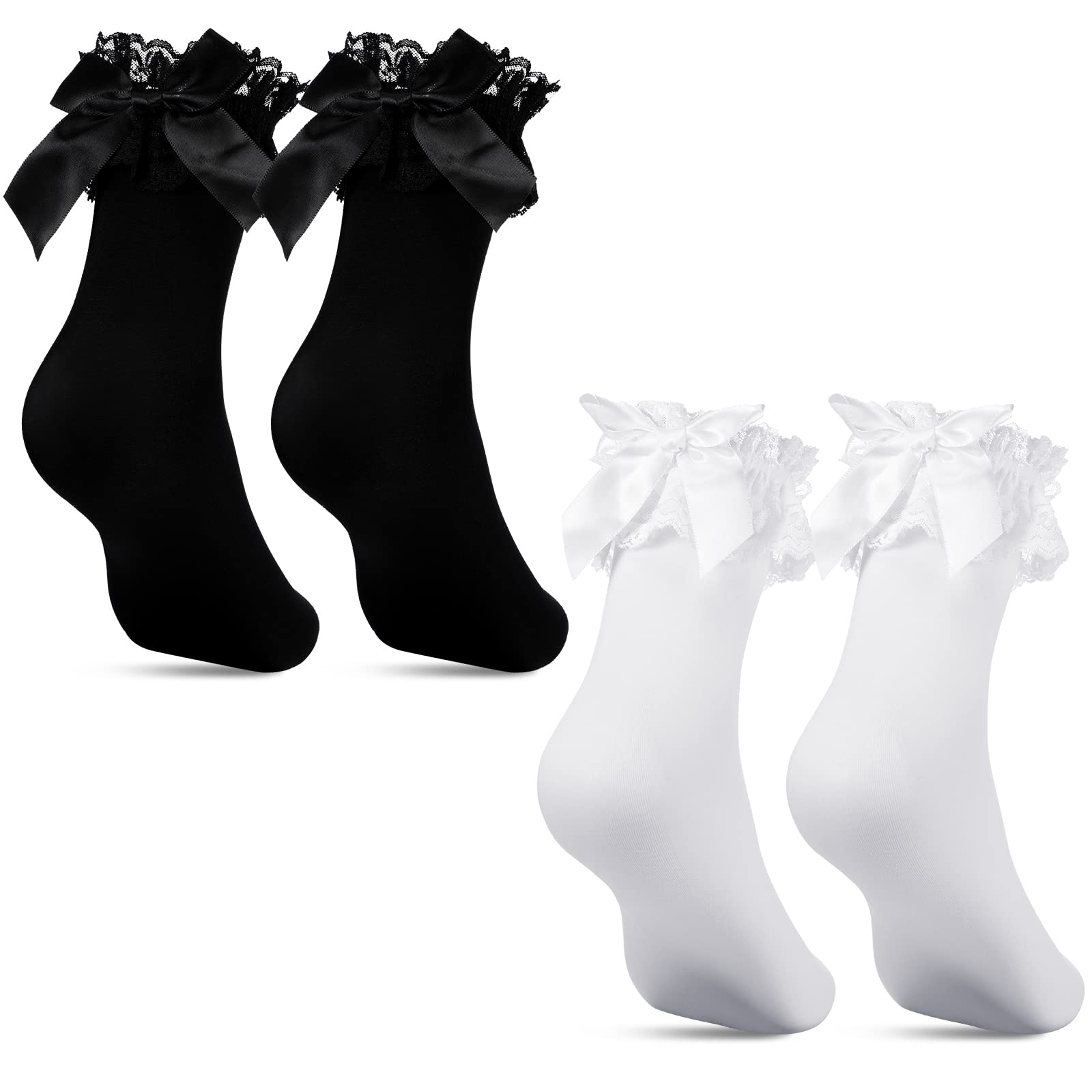 Geyoga2 Pairs Frilly Socks Women Ruffle Ankle Socks White Black Velvet Nylon Ballet with Bows Lace Top Princess Style for Women Ladies Adult Costume Halloween Party Supplies