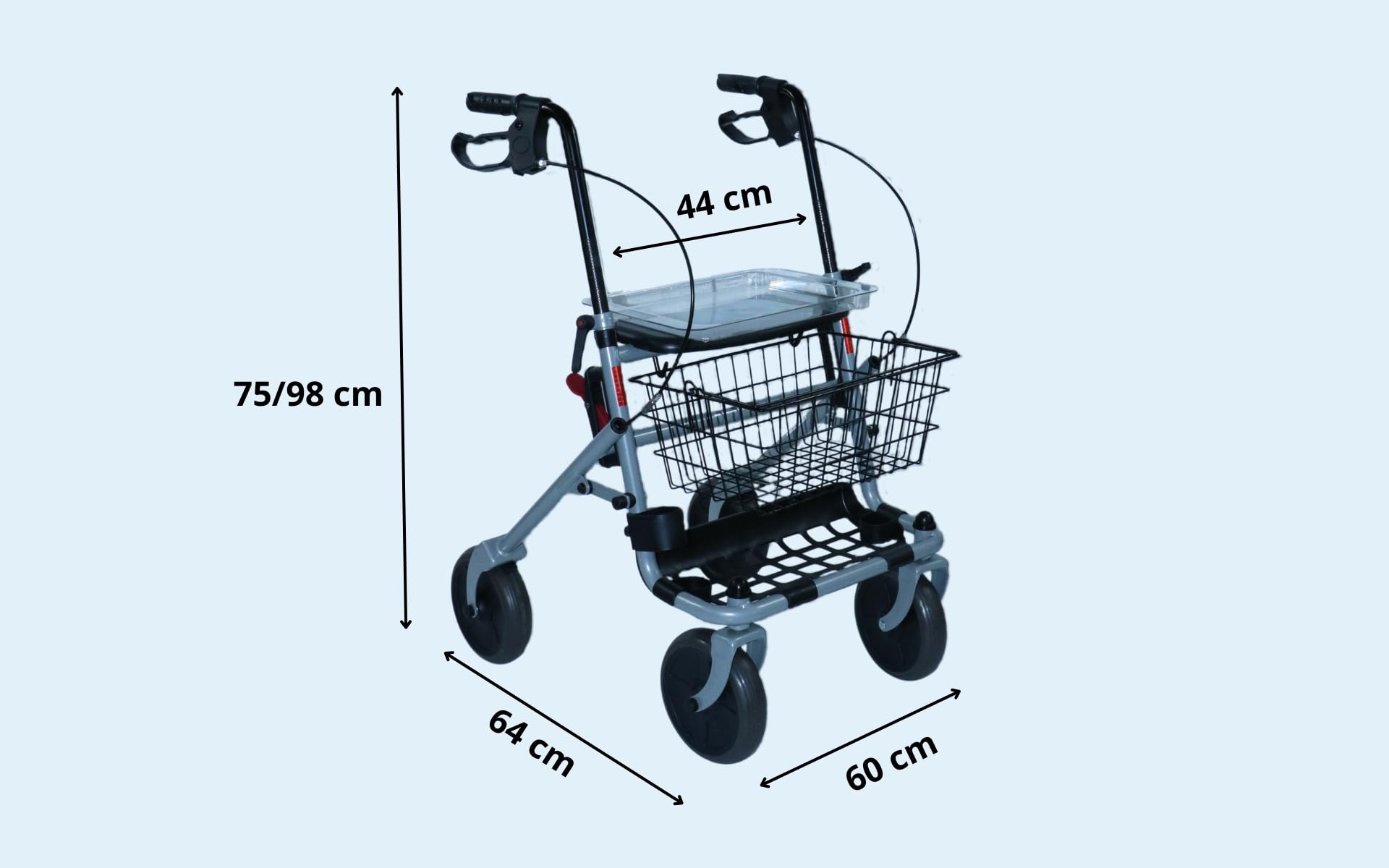 Ausilium Rollator plegable de altura regulable - andador para ancianos con 4 ruedas, asiento, bandeja portaobjetos y frenos