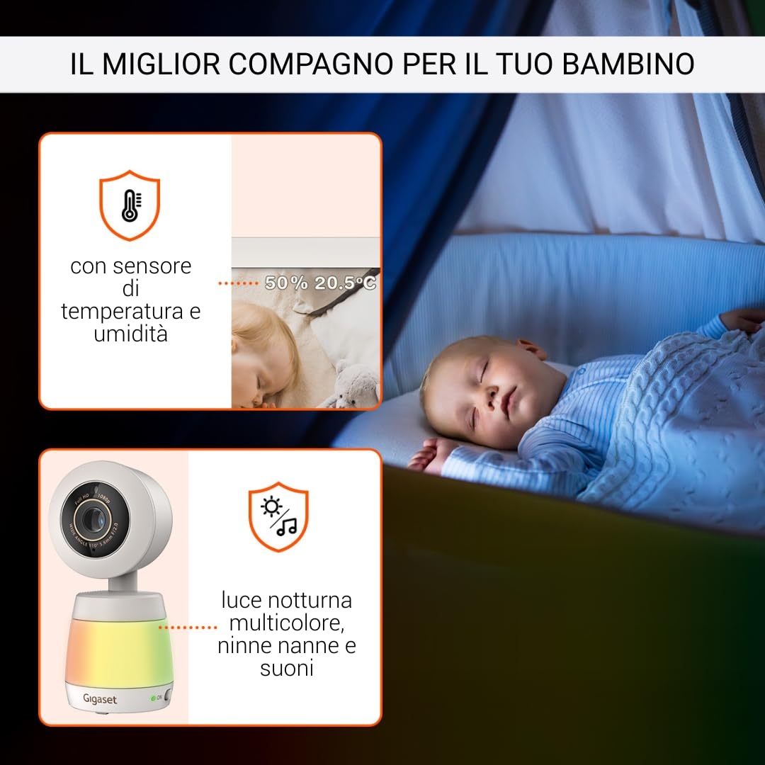Gigaset BABY 700 Connected – Videocamera per bambini con touchscreen Full HD da 5,5" – Trasmissione sicura FHSS e WLAN–lunga durata della batteria-con app, Cream White/Warm [Versione Italiana]