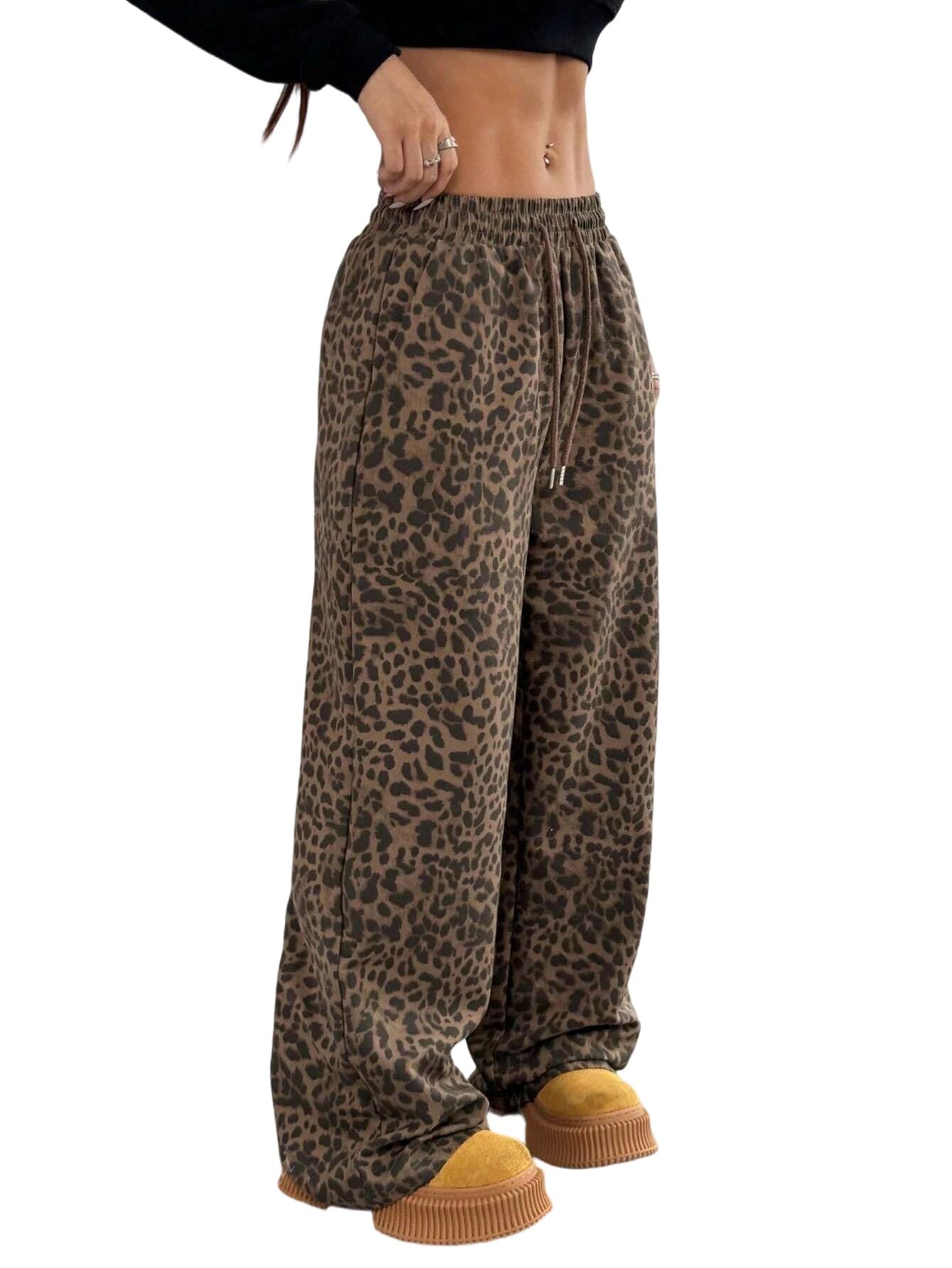 DURUNUL Womens Leopard Baggy Wide Leg Sweatpants Drawstring Elastic High Waisted Cheetah Print Lounge Barrel Trousers Pockets