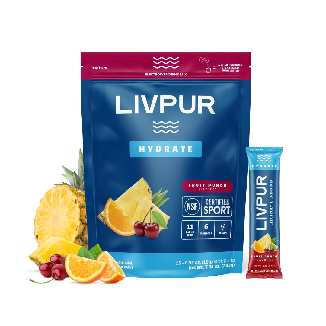 LIVPUR Electrolyte Drink Mix, Instant Hydration Powder with Vitamin C, B6, B12 & Essential Amino Acids for Muscle Support & Immune Health, Sports Essentials, Fruit Punch Flavor, 15 Stick Packs