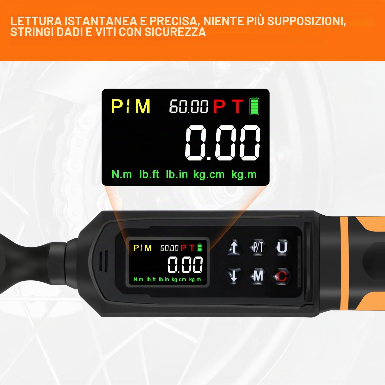Chiave Dinamometrica Digitale 3/8" Drive, 0,9-60 Nm – Precisione ±1%, 5 Unità (in-lb/ft-lb/Nm/kg-cm/kg·m), con Cicalino e Allarme LED – Per Bicicletta, Moto e Auto