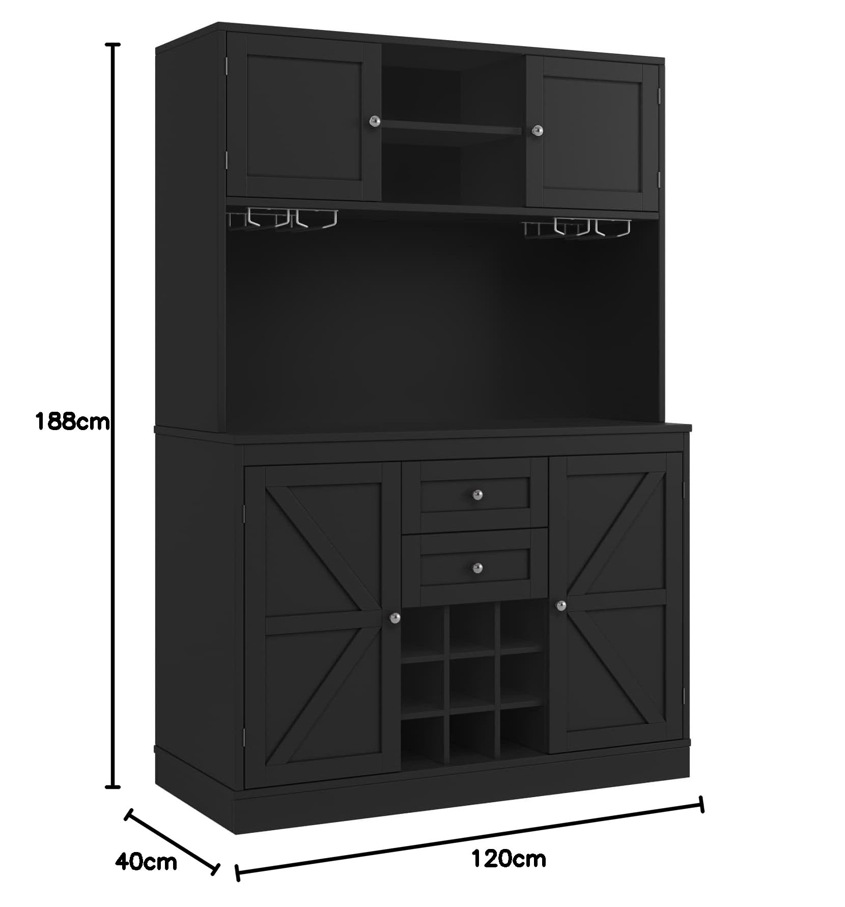PUGSDRLY Buffet de Cuisine avec 4 Portes et 2 Tiroirs,Meuble de Rangement avec étagères réglables et casier à vin,Buffet Haut pour Cuisine,Salon et Salles à Manger,120x40x188cm (Noir)