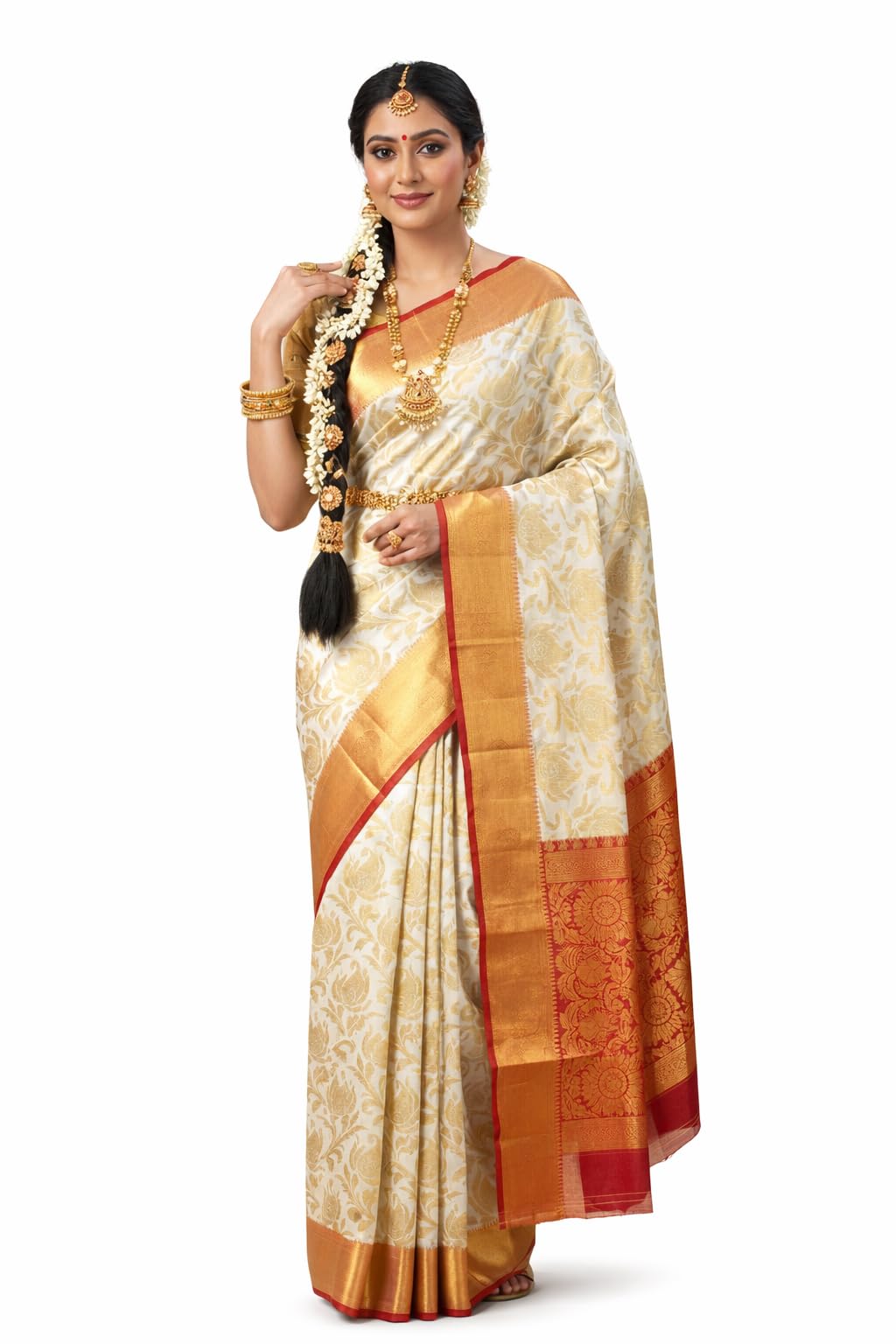 Kanjivaram Saree, Traditional Silk Saree with Golden Zari Border and Red Anchal (Pallu), Heavy Zaei Work Sarees for Women-image-5