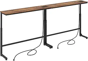 Kitstorack 2-Pack Rustic Brown Console Table, 7.9" Deep Panel, Adjustable Height (25"-33") & Built-in Power Outlets, Behind Sofa Couch, Includes 4.9' Power Cord - 79" L