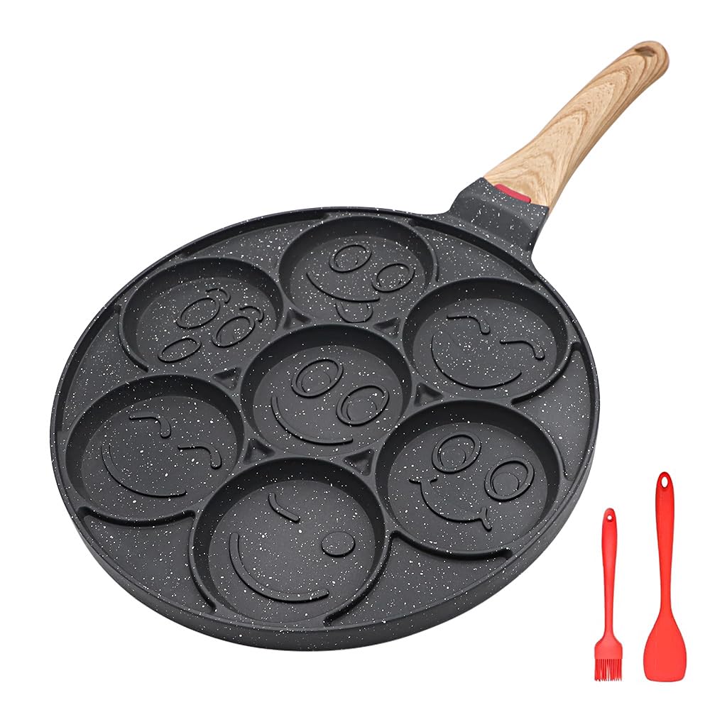Sartén de inducción para panqueques con cara sonriente, antiadherente, 7 agujeros para niños, 10.4 pulgadas, color negro