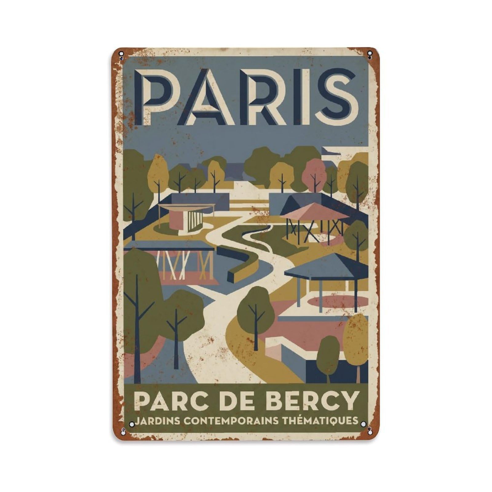 Vintage Travel Paris Parc De Bercy Gardens Rusted France Metal Tin Sign Plaque Wall Decor for Cafe, Club Bar, Office, Home Garden Metal Poster 8x12Inch