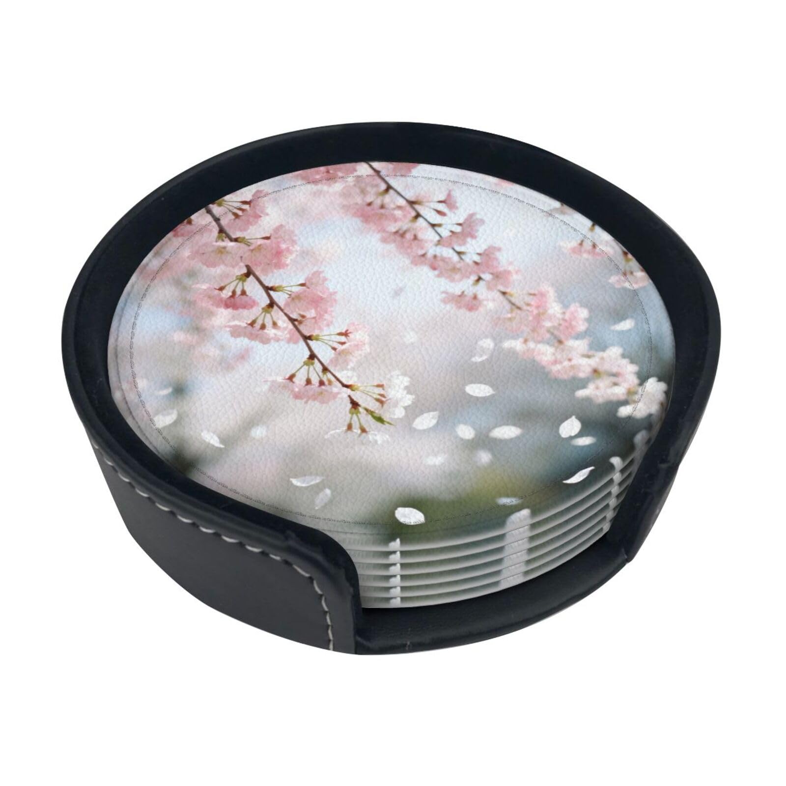 Cntdbu White Cherry Blossom Branch Leather Coasters Set Of 6-Pu Leather Drink Mats For Table, Heat Resistant Round Coasters With Holder