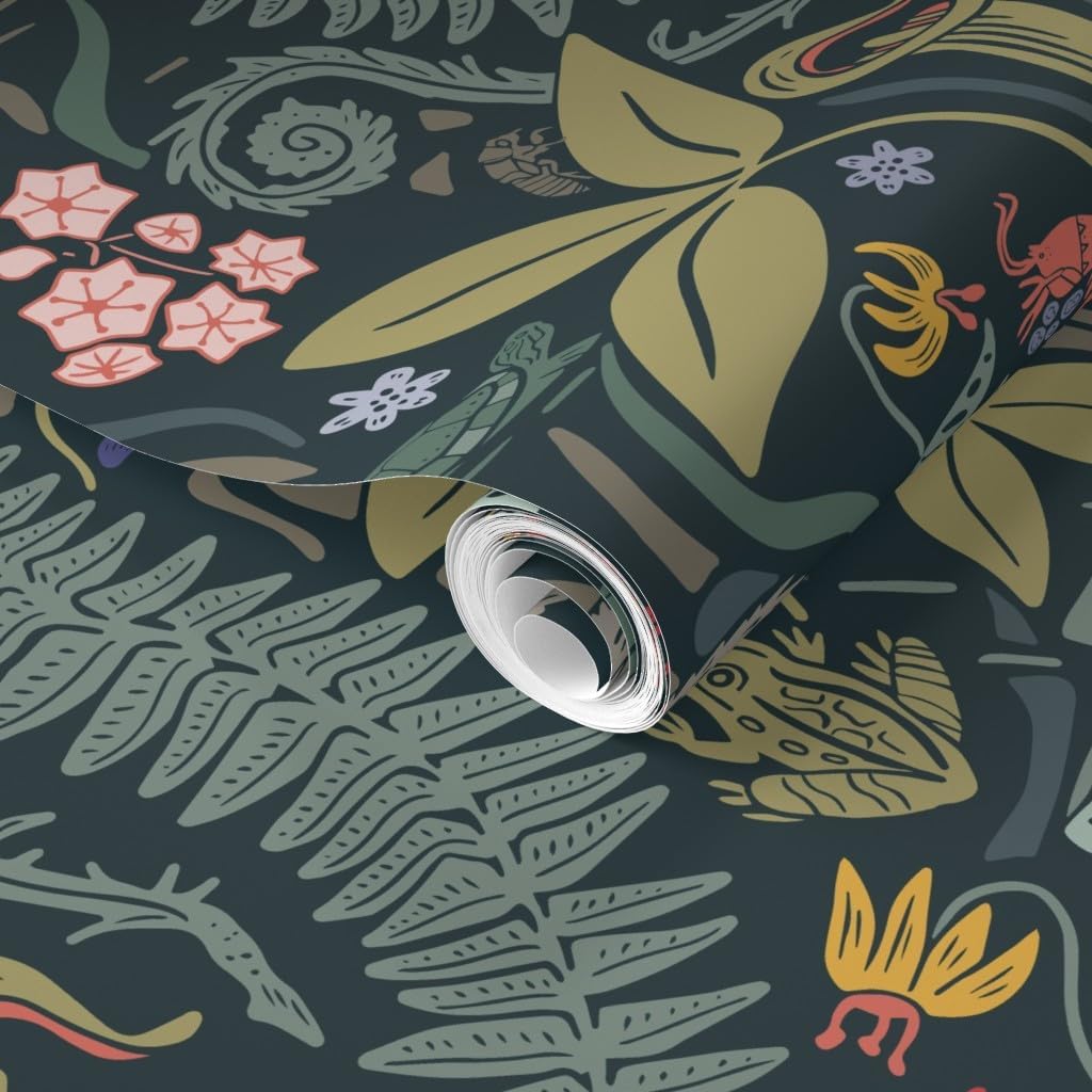 Spoonflower Removable Wallpaper 12ft x 2ft - Maximalist Botanical Nature Floral Woods Forest Wetland Plants Frog Eno Moth Cicada Custom Pre-Pasted Wallpaper