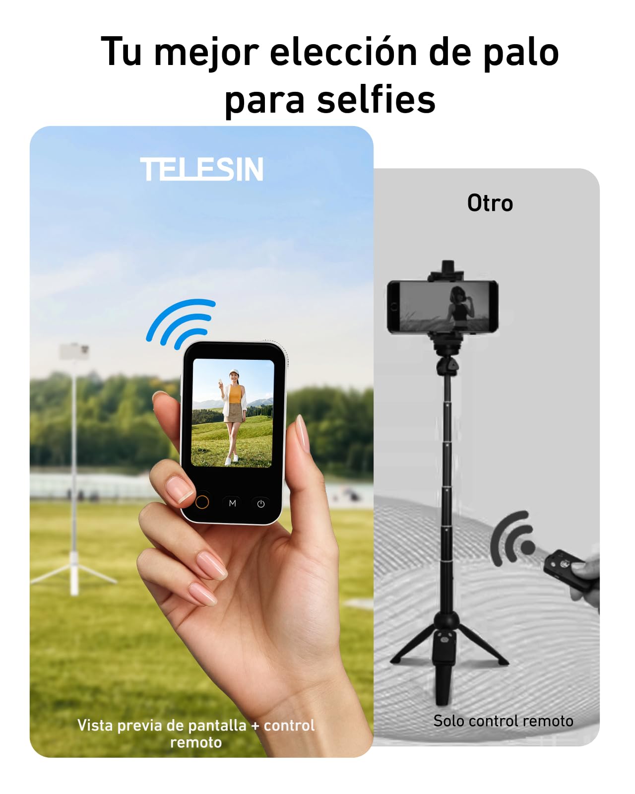 TELESIN 170cm Autoapertura Trípode Móvil para iPhone & Android, Palo Selfie Extensible con Mando Pantalla Inteligente, Zoom/Enfoque, Espejo de Pantalla, Soporte Móvil para Viajes, Vlog y Directos