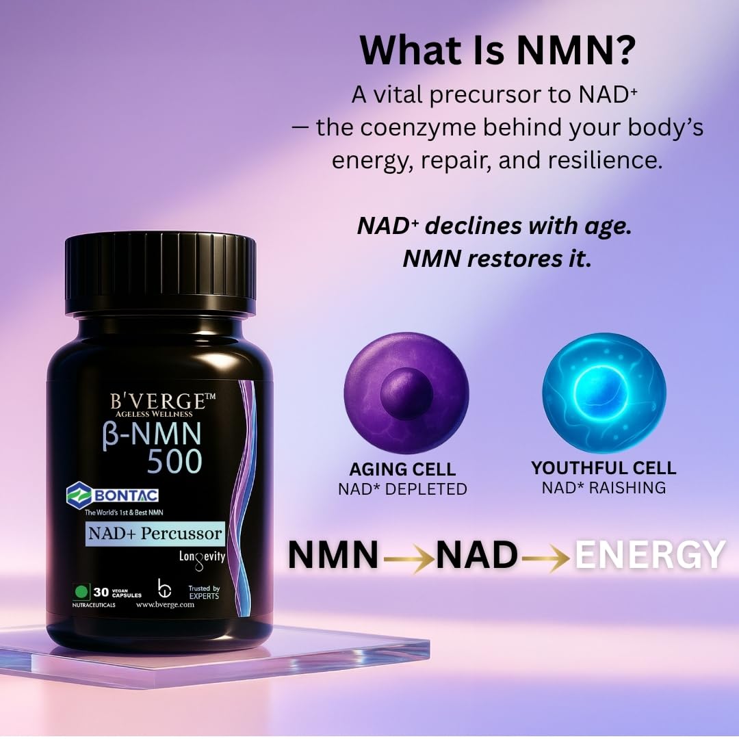 BVERGE® NMN Supplement 500mg | 100% Purity | BONTAC Pro NMN World's Most Trusted & Trusted by Experts | Healthy Ageing | Repair Cells | Boost NAD+ | Enhance Muscle | Neuro Function (500mg 30 Capsules)