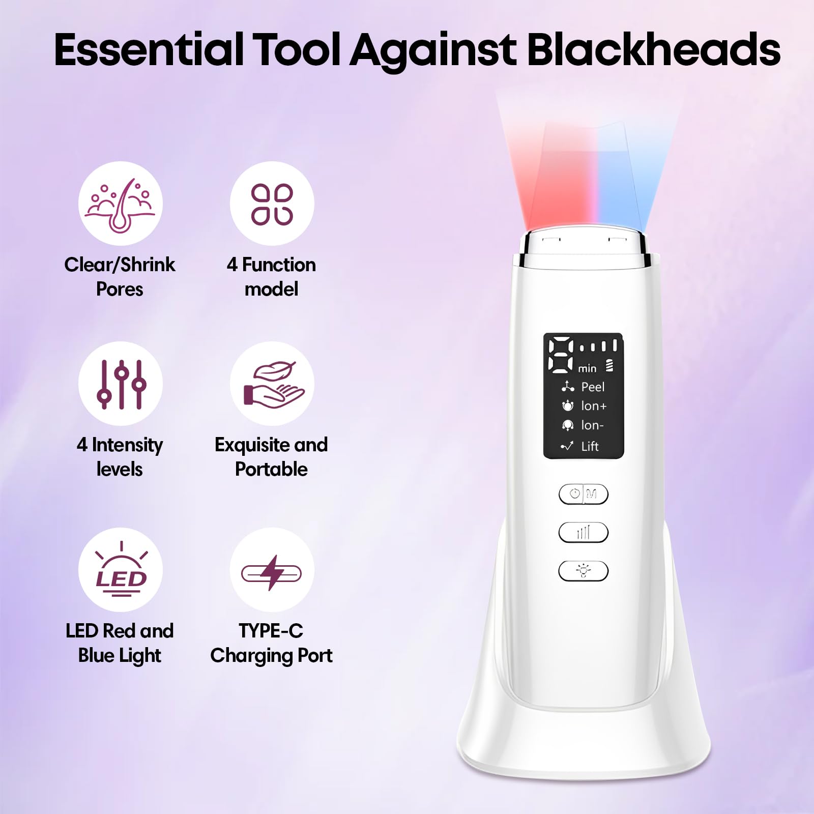 Peeling Ultrasónico Facial, Limpiador Ultrasonidos Facial, 4 Modos e Intensidad Ajustable, Extractores de puntos negros, Skin Scrubber Removedor de Puntos Negros para Dispositivo de Belleza
