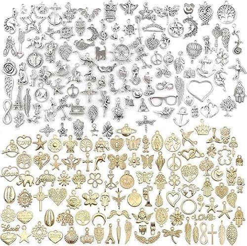 200 PCS Wholesale Bulk Lots Jewelry Making Charms Mixed Antique Silver KC Gold Alloy Charms Pendants DIY for Necklace Bracelet Jewelry Making and Crafting