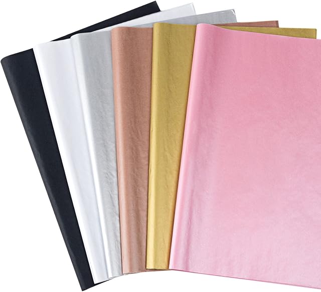 Feibmir 60 Sheets 6 Colors Metallic Tissue Paper,Gift Wrapping for Birthday Parties Christmas Weddings DIY Crafts,20 x 14 Inch(Rose Gold, Gold, Silver,Pink Gold,Black,White )