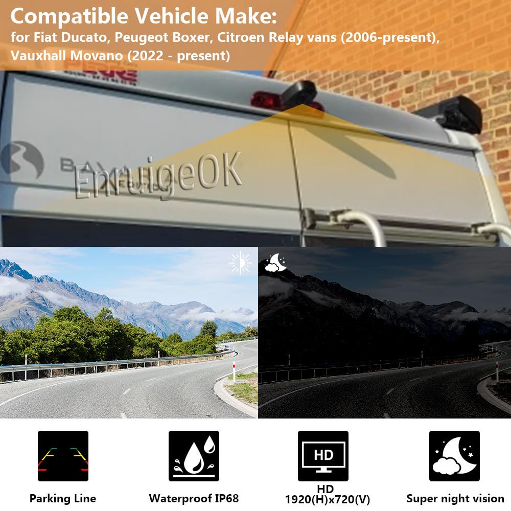 Cámara de visión trasera doble lente con luz trasera y pantalla de 6,86 pulgadas, espejo retrovisor dividido en dos partes para Peugeot Boxer, Citroën Relay, Fiat Ducato Van (2006-presente)