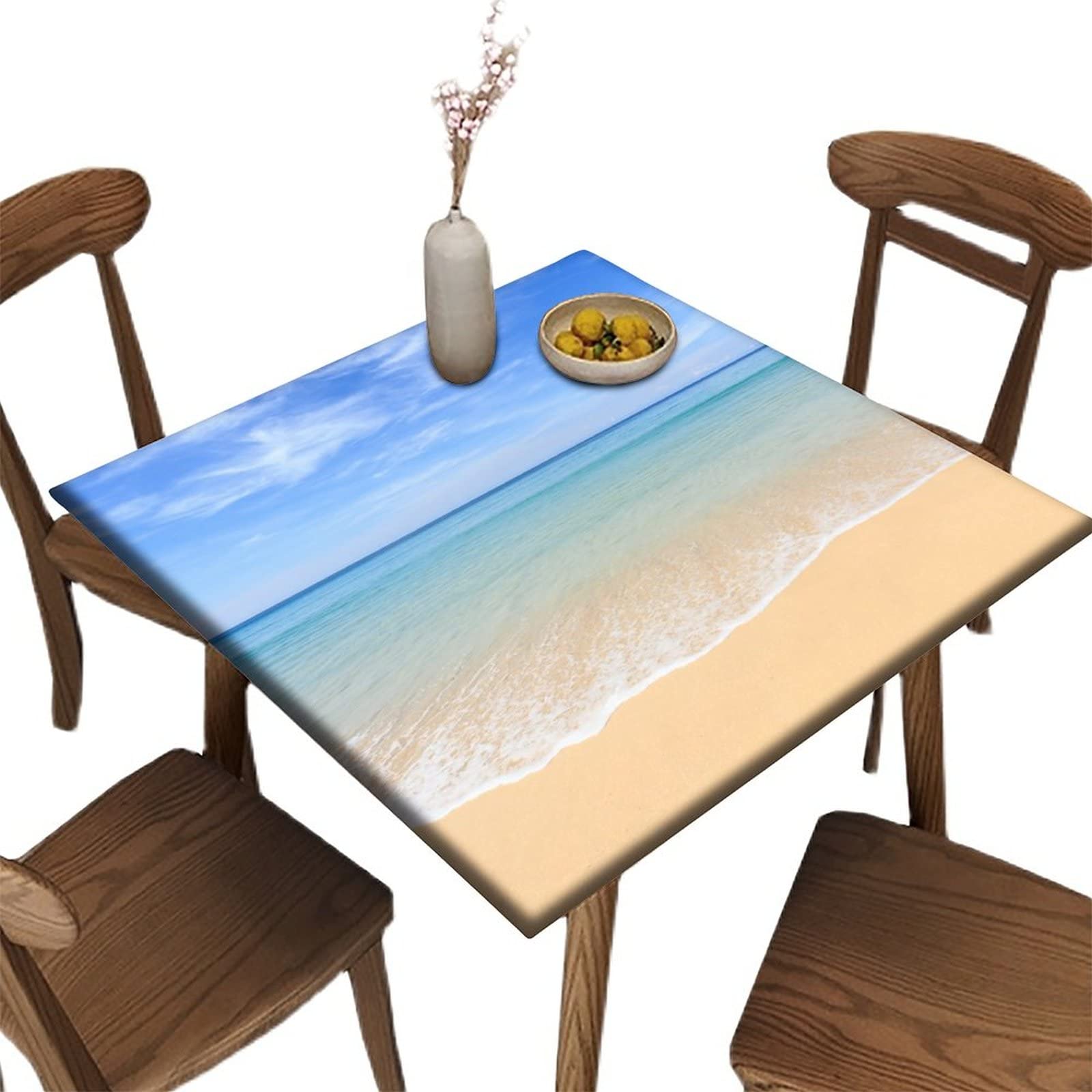 Beach Square Tablecloth, Waterproof Fitted Table Cloth for Outdoor Indoor Picnic, Summer Theme Wipeable Elastic Polyester Table Cover, Fits Tables up to 42