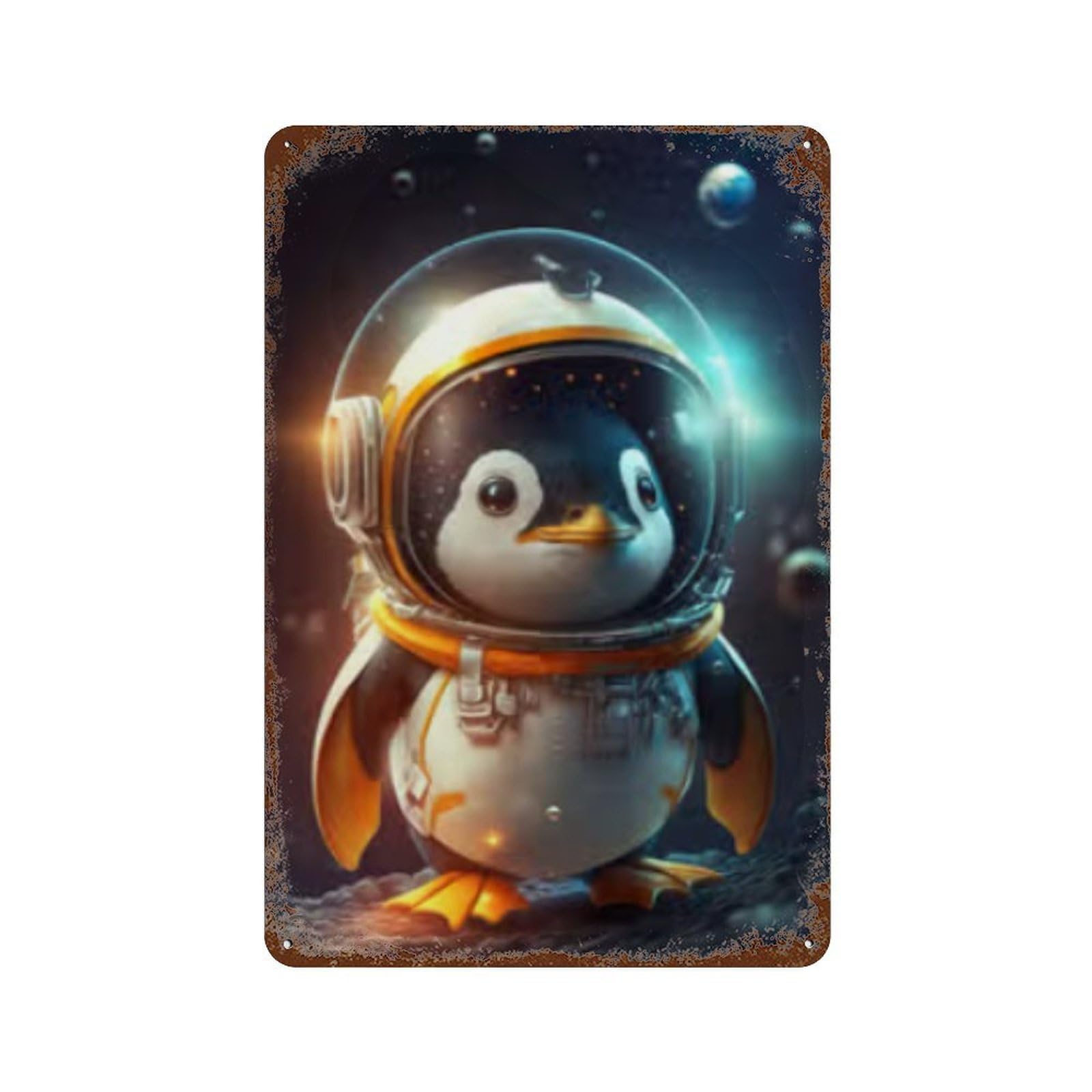 Astronaut Space Penguin Rusty Metal Tin Sign 11.8"x7.9", Classic Wall Plaque for Pub, Kitchen And Man Cave Decor