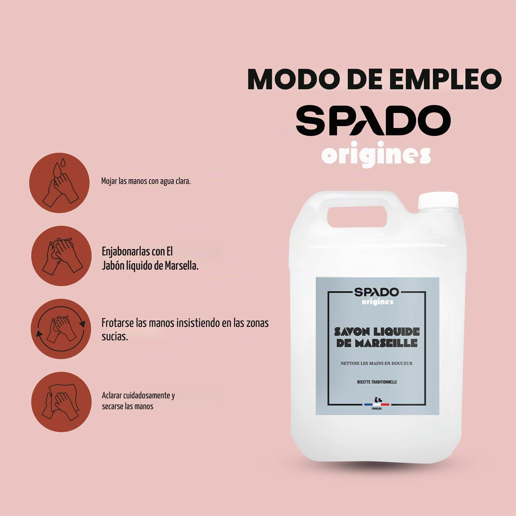 SPADO Origines – Jabón de Marsella líquido – 100% vegetal – Limpia y desengrasa – Suaviza las manos – Con aceite de oliva – 5 L – Fabricación francesa