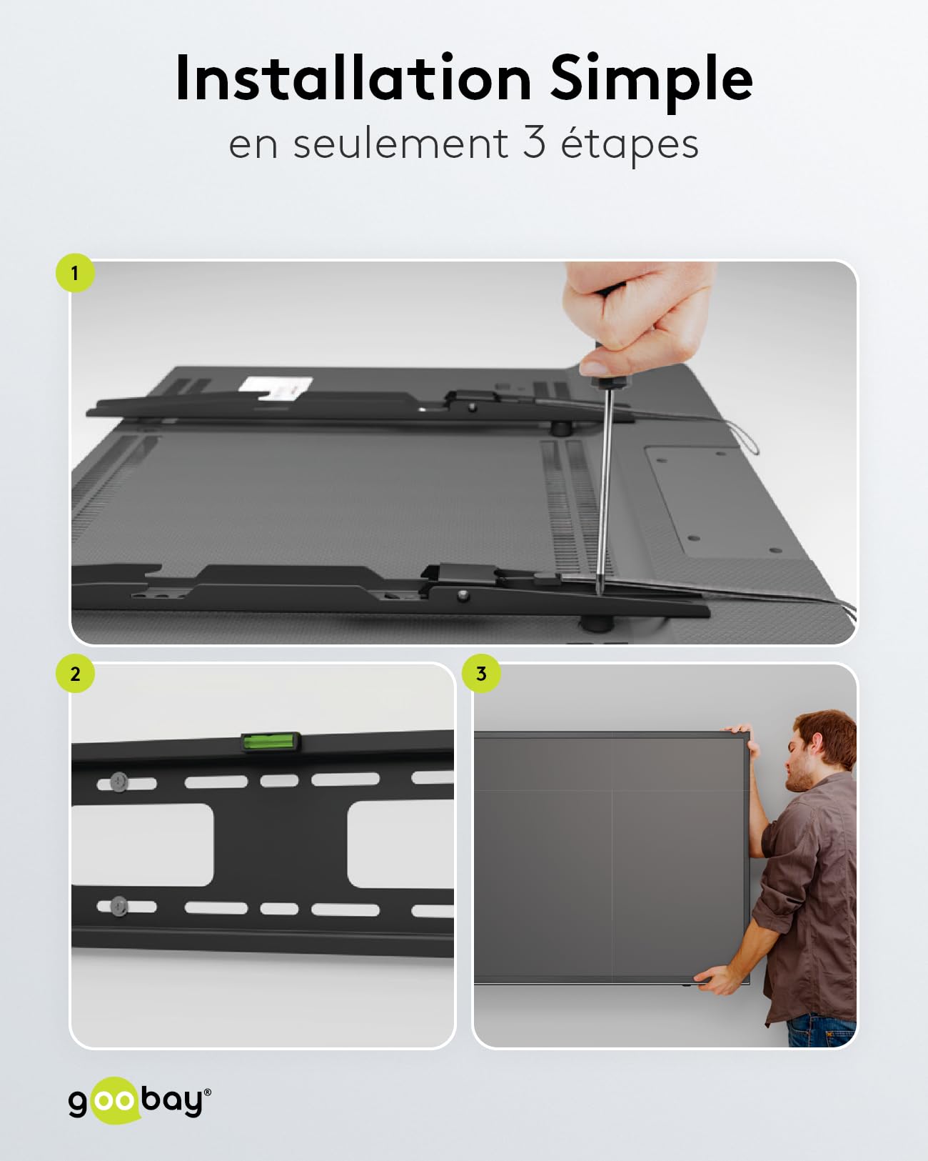 goobay Support TV Mural Fixe 43-100 Pouces 30,5 mm VESA 900x600 Charge Lourde Jusqu'à 75 kg - Pro FIXED XL - 49892