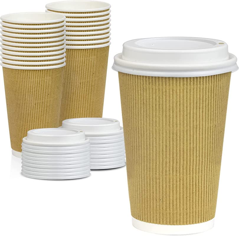 16oz Brown Disposable Ripple Insulated Coffee Cups with Lids - Hot Beverage Corrugated Paper Cups [50 Pack]