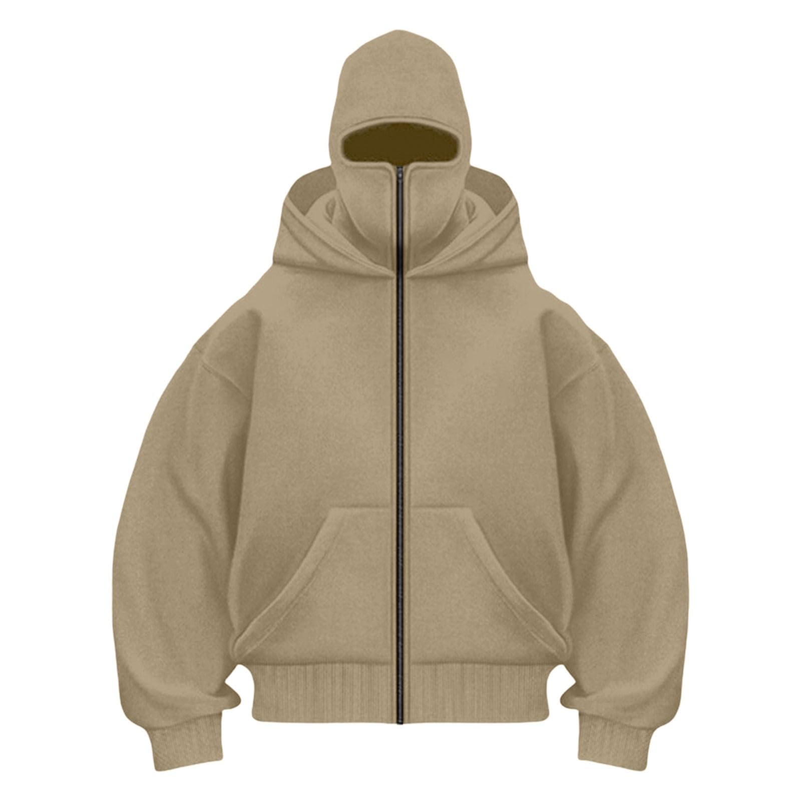 Hoodie met bivakmuts, oversized bivakmuts dubbele capuchon sweatshirt losse lange mouwen rits hoodie winddicht atletisch workout sweatshirt dubbele hoodies mode jas met masker, Zwart, XXL