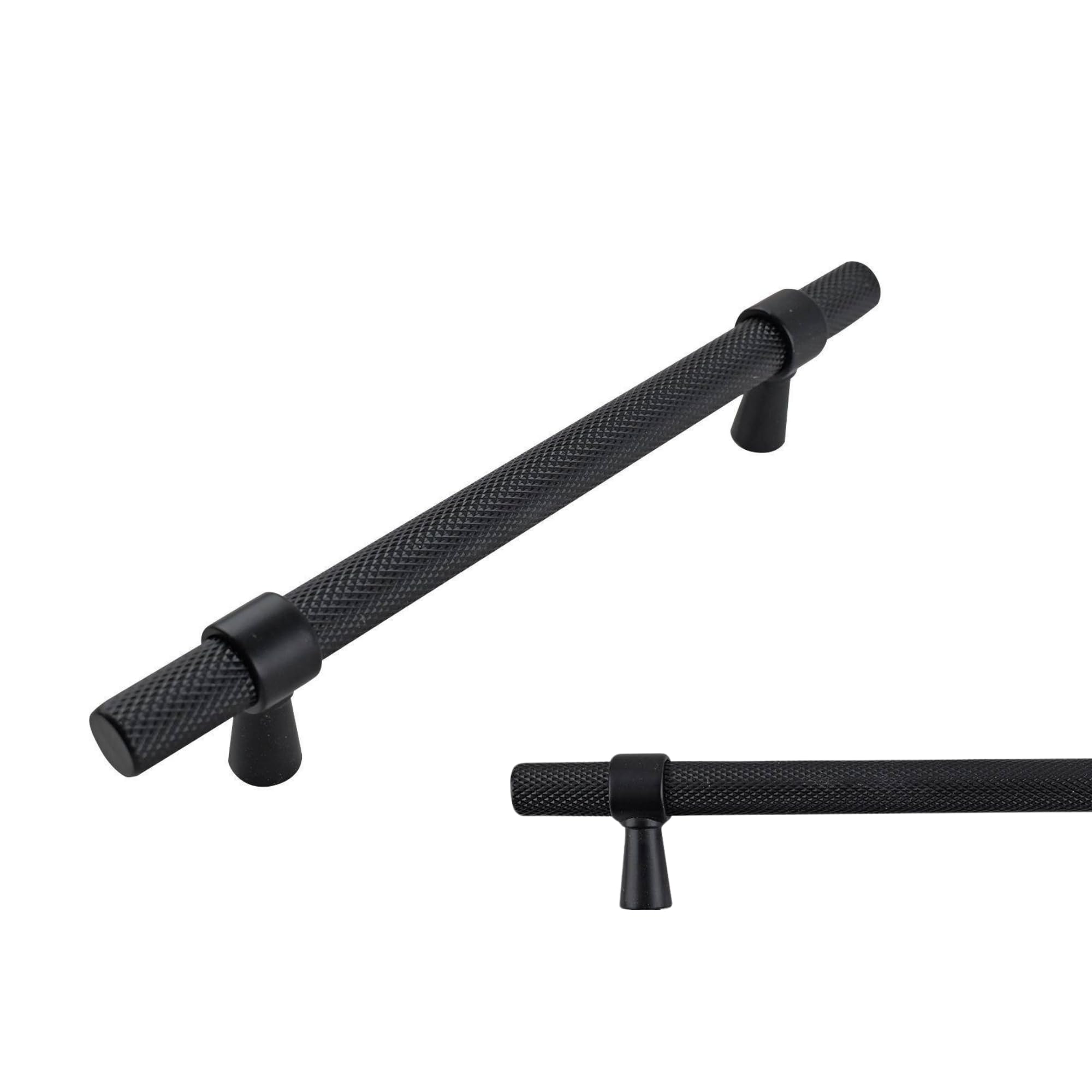 Keypak Black 10 Pack Knurled Kitchen Cupboard Handles, 128Mm Hole Centres, Aluminium T-Bar Pulls For Cabinet, Wardrobe Doors, Chest Of Drawers