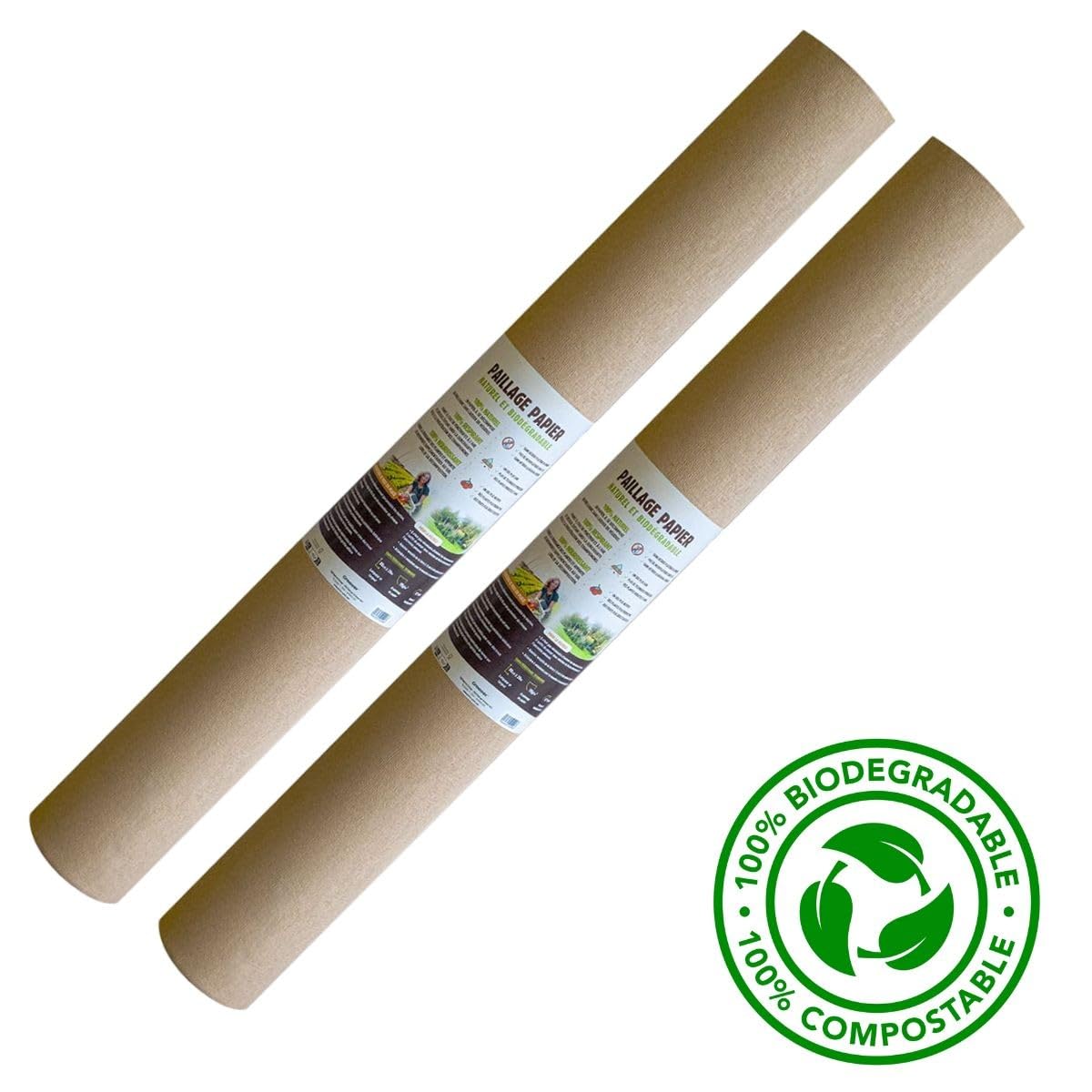 Pack de 2 Toiles de paillage Papier Autodégradable Kraft 0.9 x 20m Paillage pour Jardin Anti Mauvaises Herbes 100% Cellulose