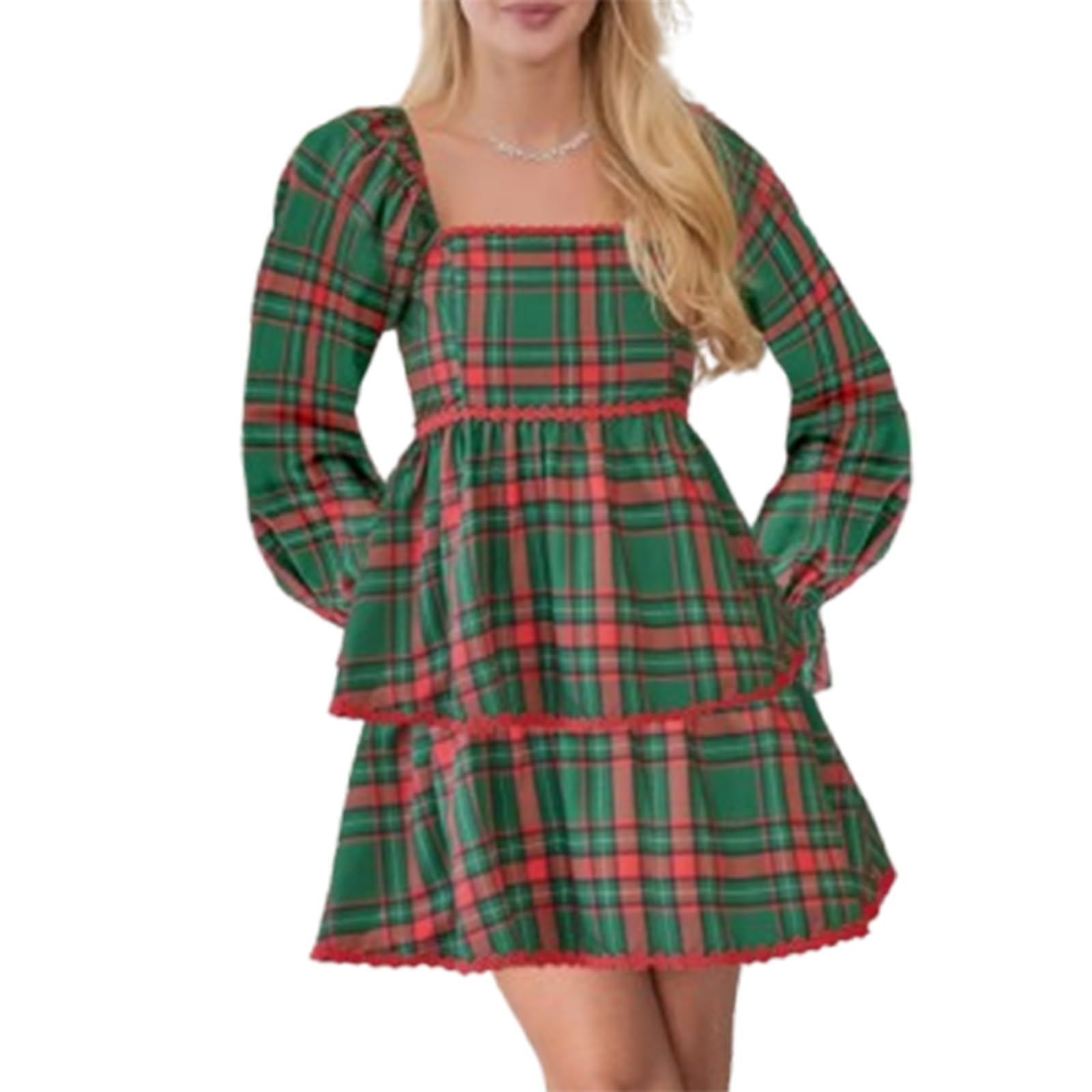 Women Plaid Long Sleeve Square Neck Ruffle Swing Mini Dress Layered Flowy  Christmas Holiday Party Short Dresses