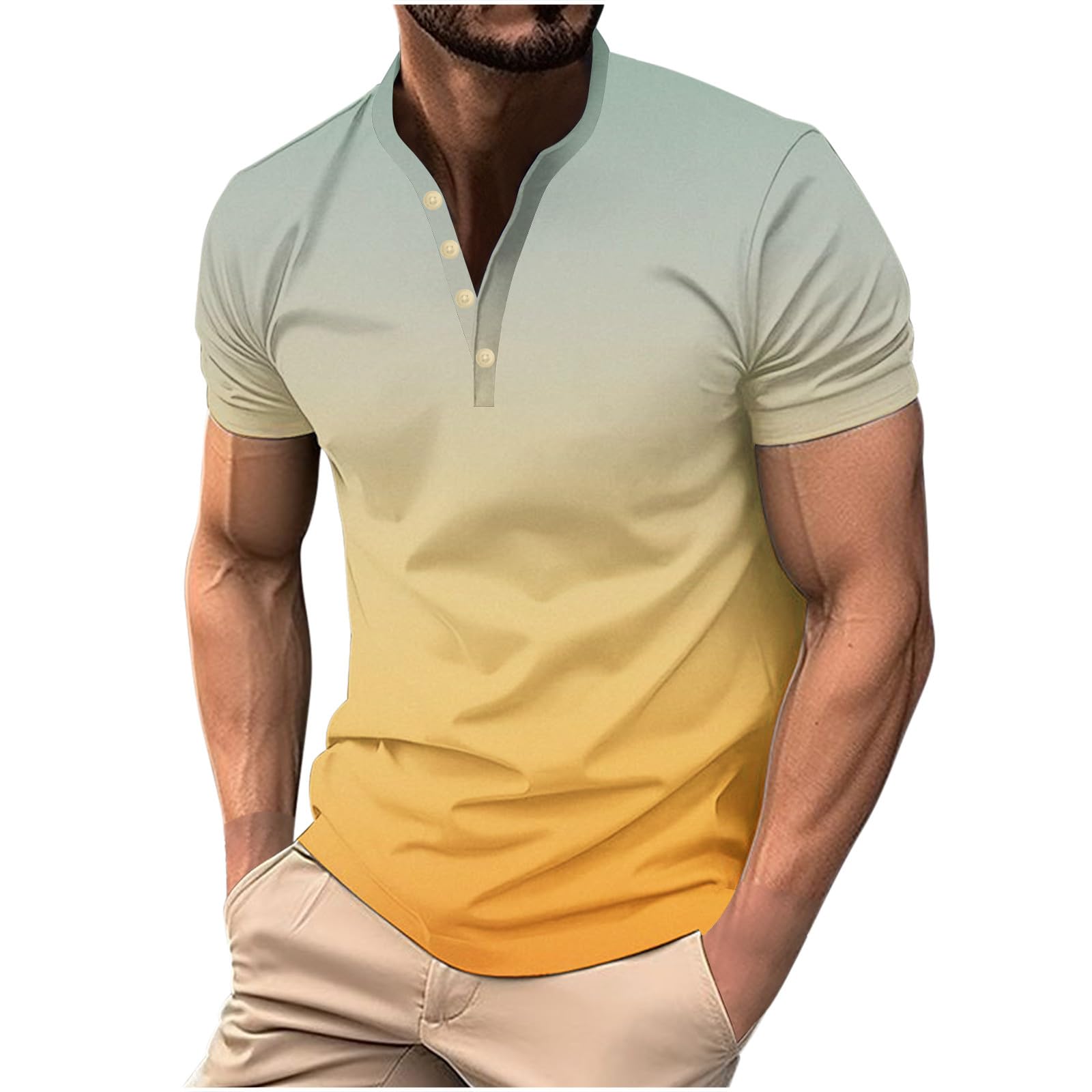 Mens Polos Shirts UK Lapel Button Down Shirt Gradient Color Fashion Casual Blouses Summer Short Sleeve Tops Regular Fit Casual Shirts Mens Smart Casual Daily Wear