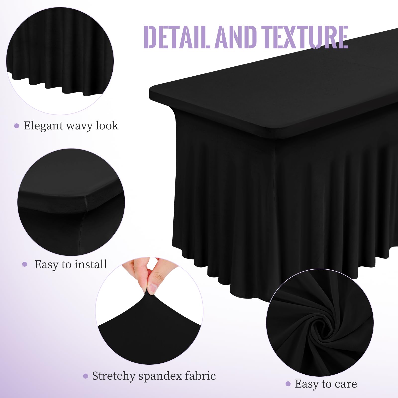 Lot de 2 jupes de table en élasthanne noir pour tables rectangulaires de 1,8 m, infroissables, nappe en élasthanne ajustée, nappe extensible avec jupe pour mariages banquets salons commerciaux fêtes