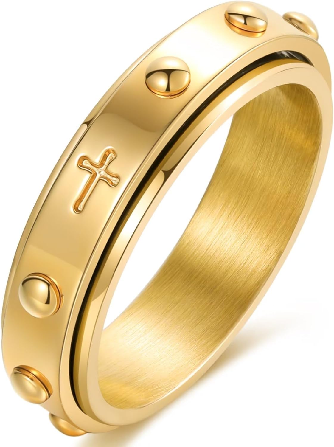 6mm Spinner Ring for Anxiety Relief Fidget with Rosary Beads Cross Lord Prayer Silver/Black/Gold/Rose Gold Stainless Steel Ring