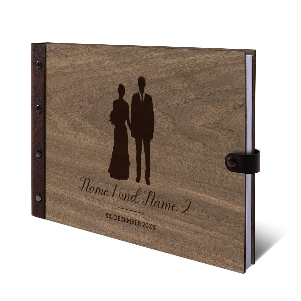 Personalisiertes Hochzeit Gästebuch echtes Holz DIN A4 Hochzeitsbuch mit Lasergravur - Brautpaar - mit 72 Blatt / 144 Seiten Naturpapier Weiß