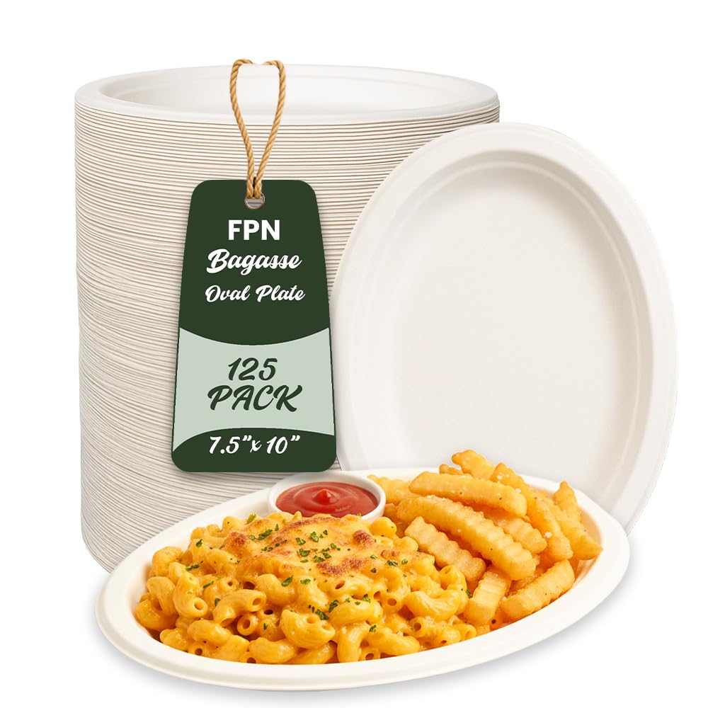 Platos ovalados desechables (125, pequeños), caña de azúcar ecológica, biodegradables, compostables, resistentes, sin BPA, aptos para microondas y congelador, perfectos para fiestas, bodas