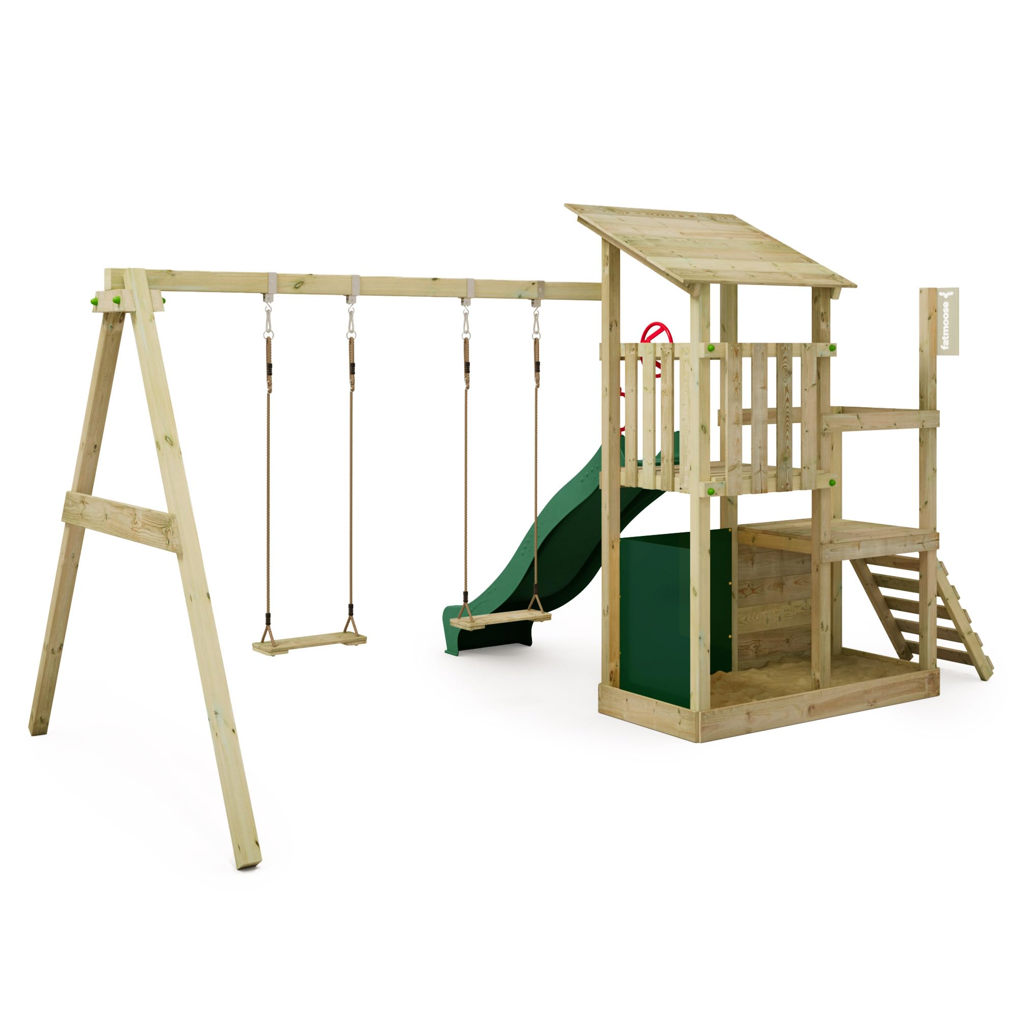 FATMOOSE Spielturm Klettergerüst FruityForest Fun XXL mit Schaukel & grüner Rutsche, Outdoor Kinder Kletterturm mit Sandkasten, Leiter & Spiel-Zubehör für den Garten