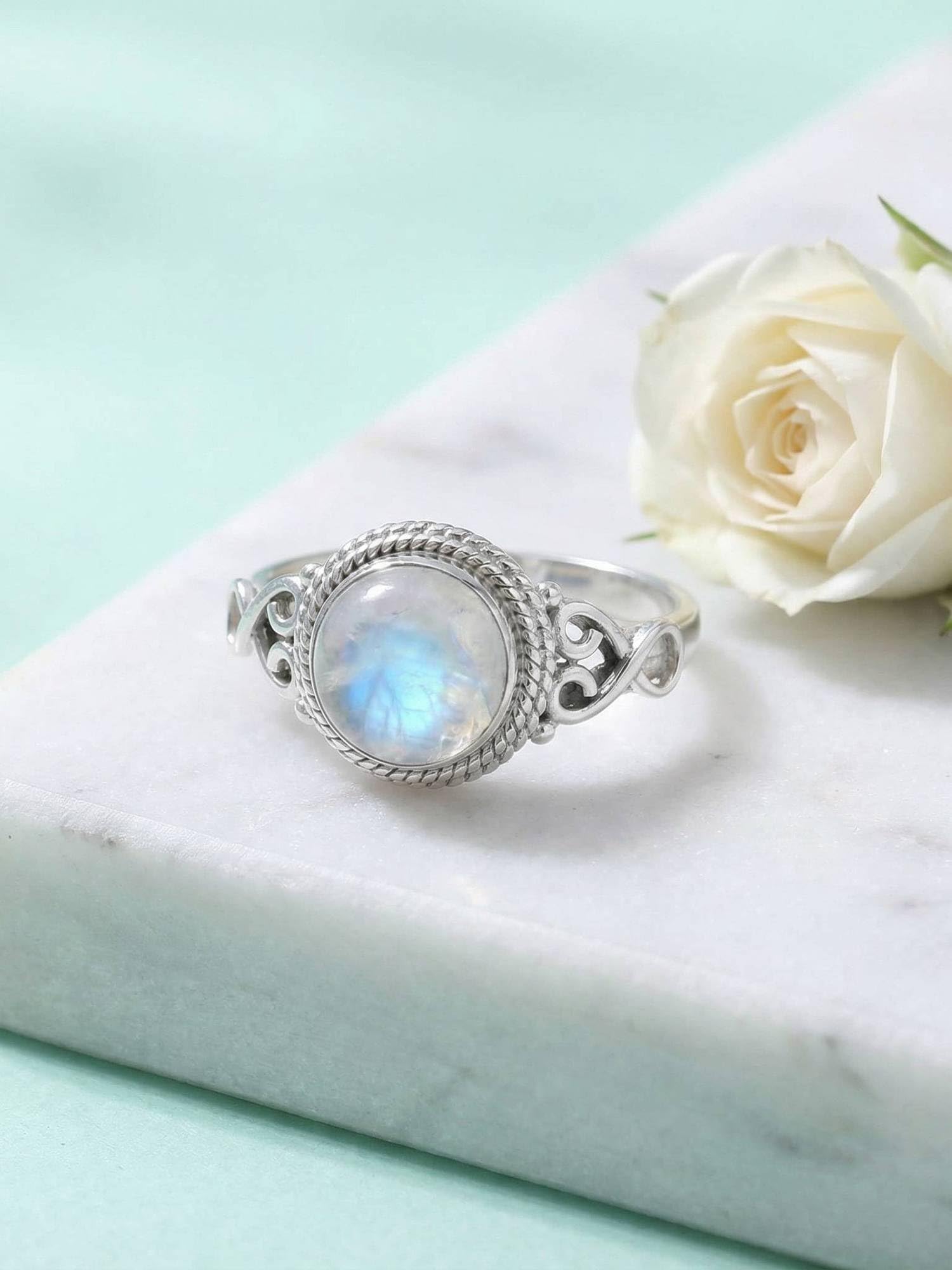 mantraroma Silberring Damen 925 Sterling Silber – runder Edelstein Ring, Vintage Statement Ring Schmuck, elegantes Geschenk für Frauen