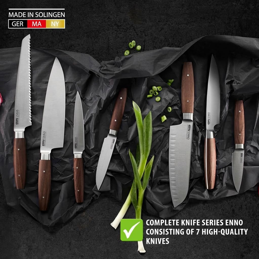 GEFU Cuchillo universal ENNO 11,5 cm | filo ondulado, hoja Solinger de acero alemán | Para frutas, verduras, pan, mango de madera de nogal, lijado a mano, duradero