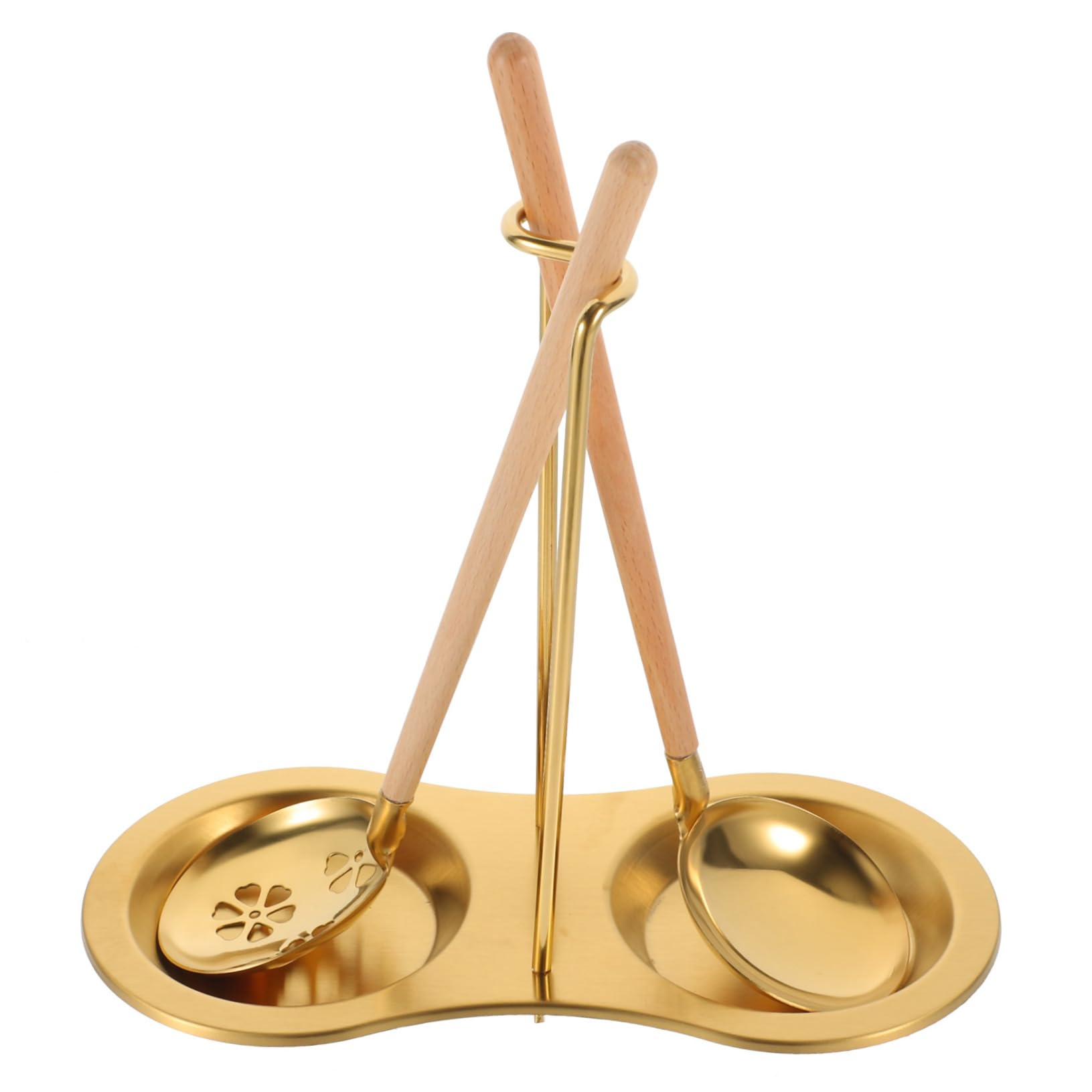 SOLUSTRE Golden Set Soup Spoon Colander Slotted Spoons for Cooking Wooden Handle Set of 1