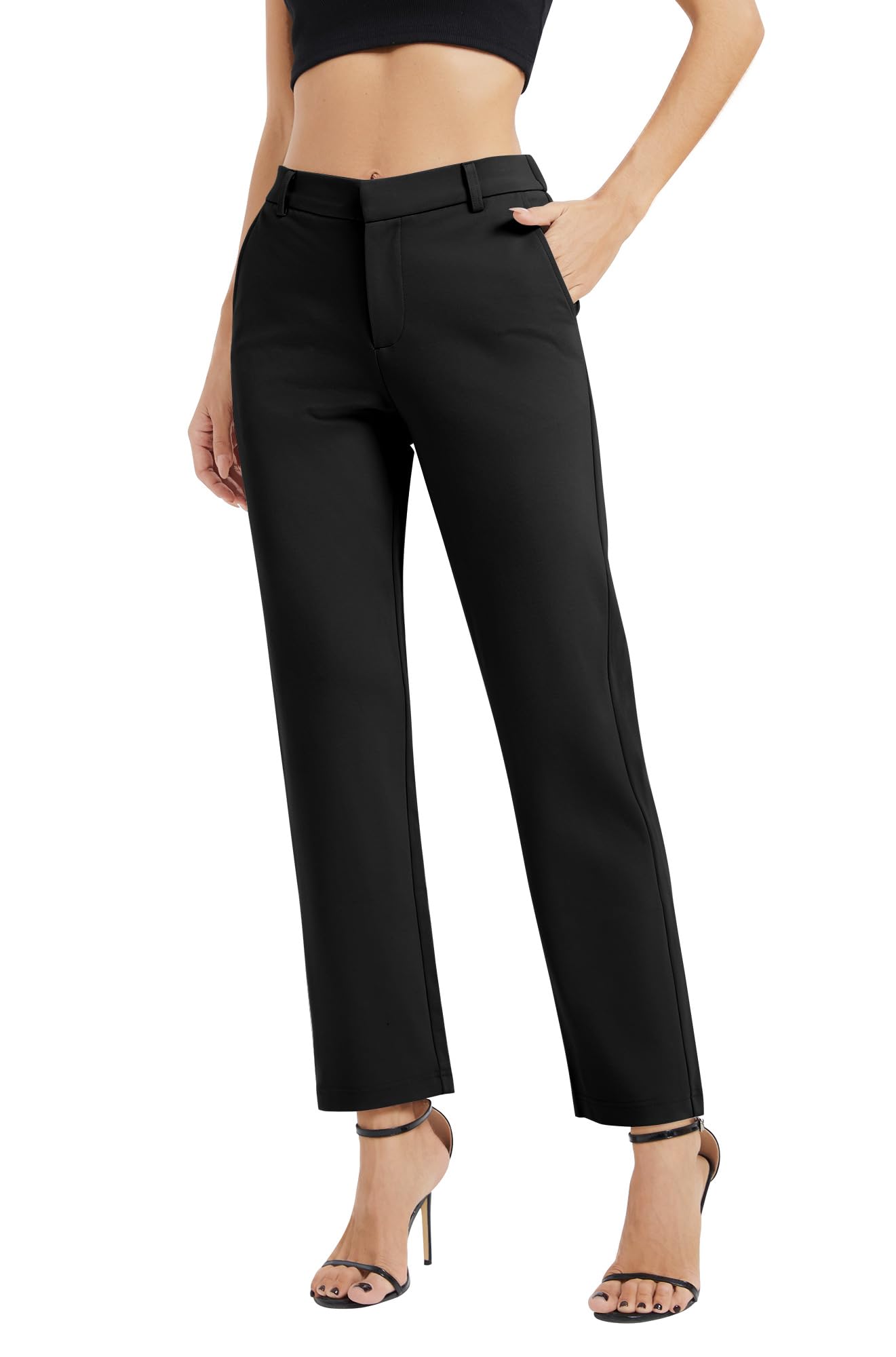EXCHIC Mujeres Casual Comercio Rectas Piernas Trabajo Elástica Cintura Traje Pantalones con Bolsillos